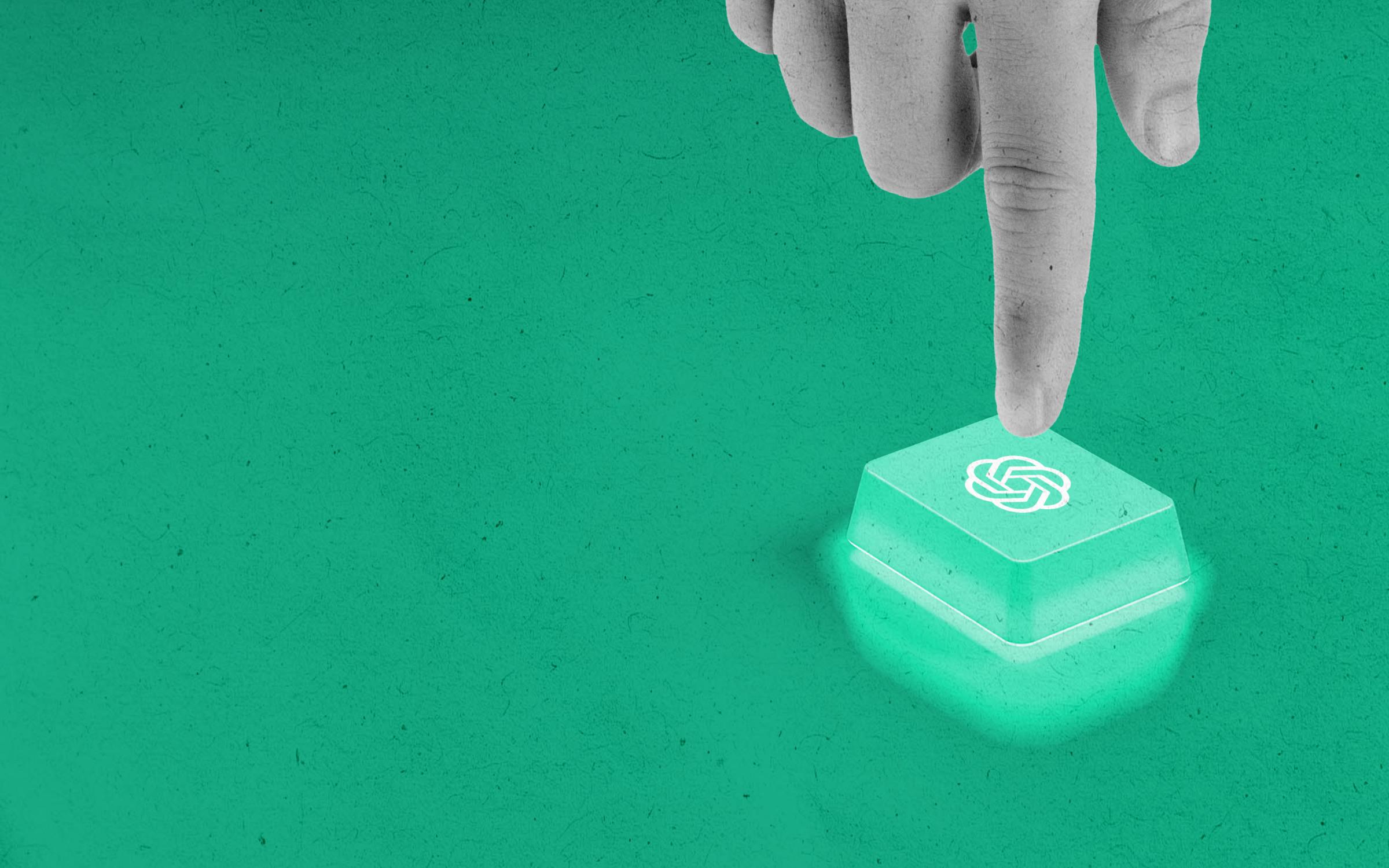 A finger pressing a green-glowing keyboard key, which displays the ChatGPT / OpenAI logo. It evokes activation, human-AI interaction, technological initiation, the beginning of a process, the triggering of an AI system, the unleashing of innovation through a simple gesture, empowering technology through human intention, simplicity, and complexity.