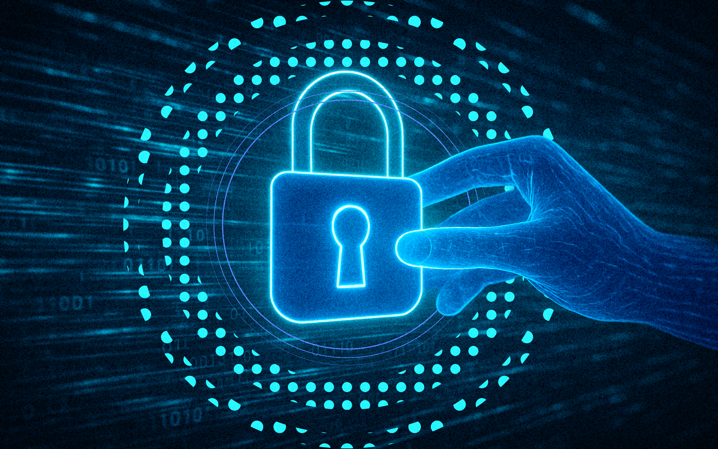 A sleek, digital lock icon overlaid on a background of abstract data streams or binary code, emphasizing data privacy and security. A subtle hand is shown securing the lock.