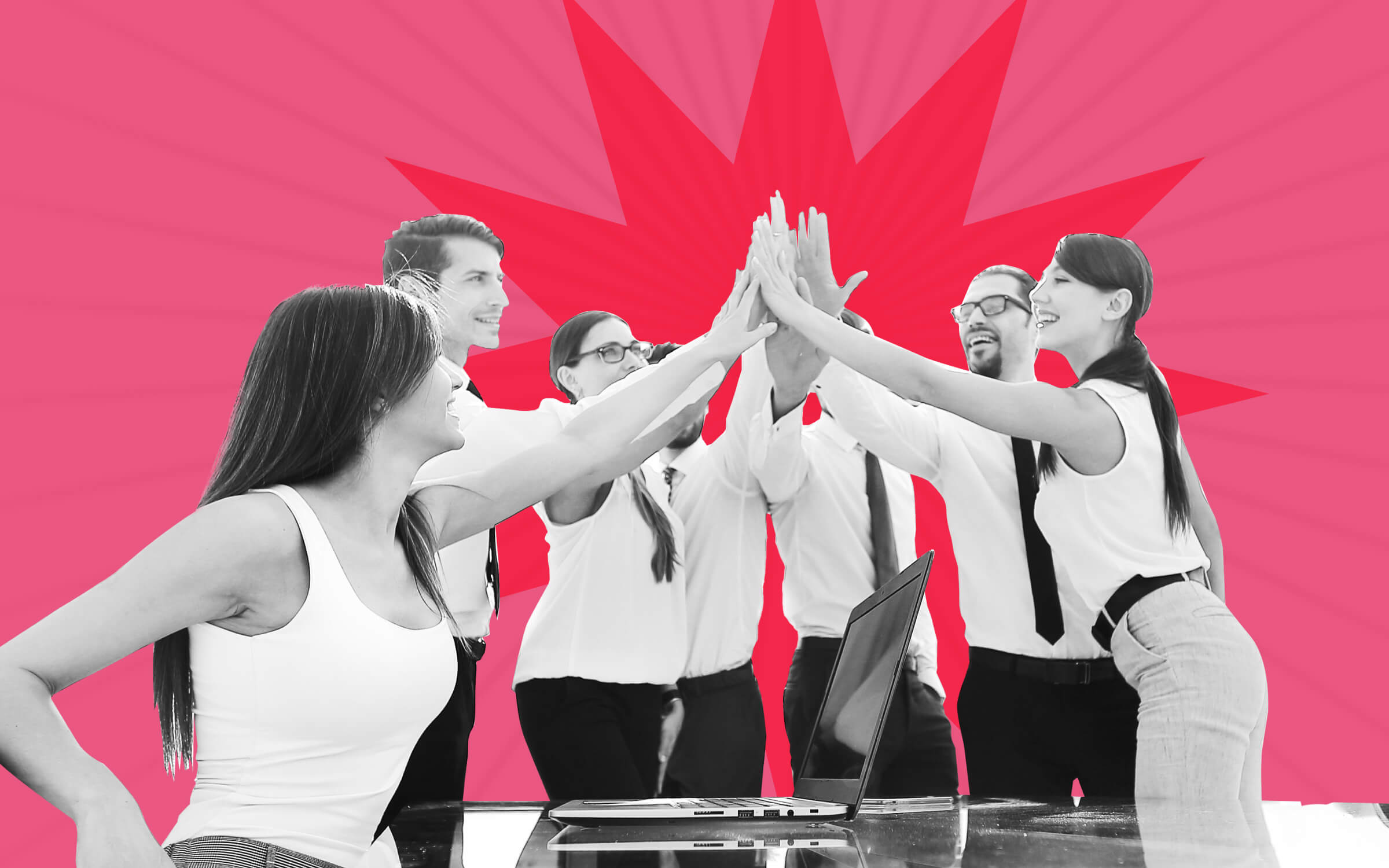 A group of employees high-fiving with leaders, showing the importance of working with employees to achieve work-life balance and engagement.