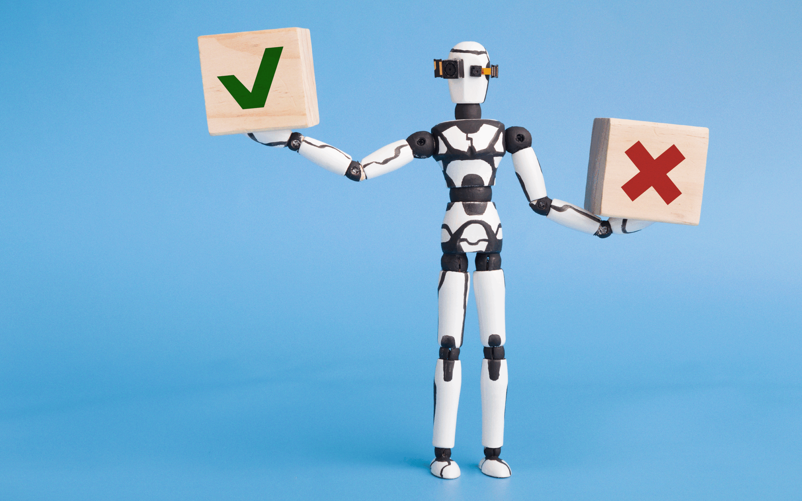 A robot holds blocks, one with a green checkmark and one with a red x in either hand. Represents weighing decisions about AI or by AI.
