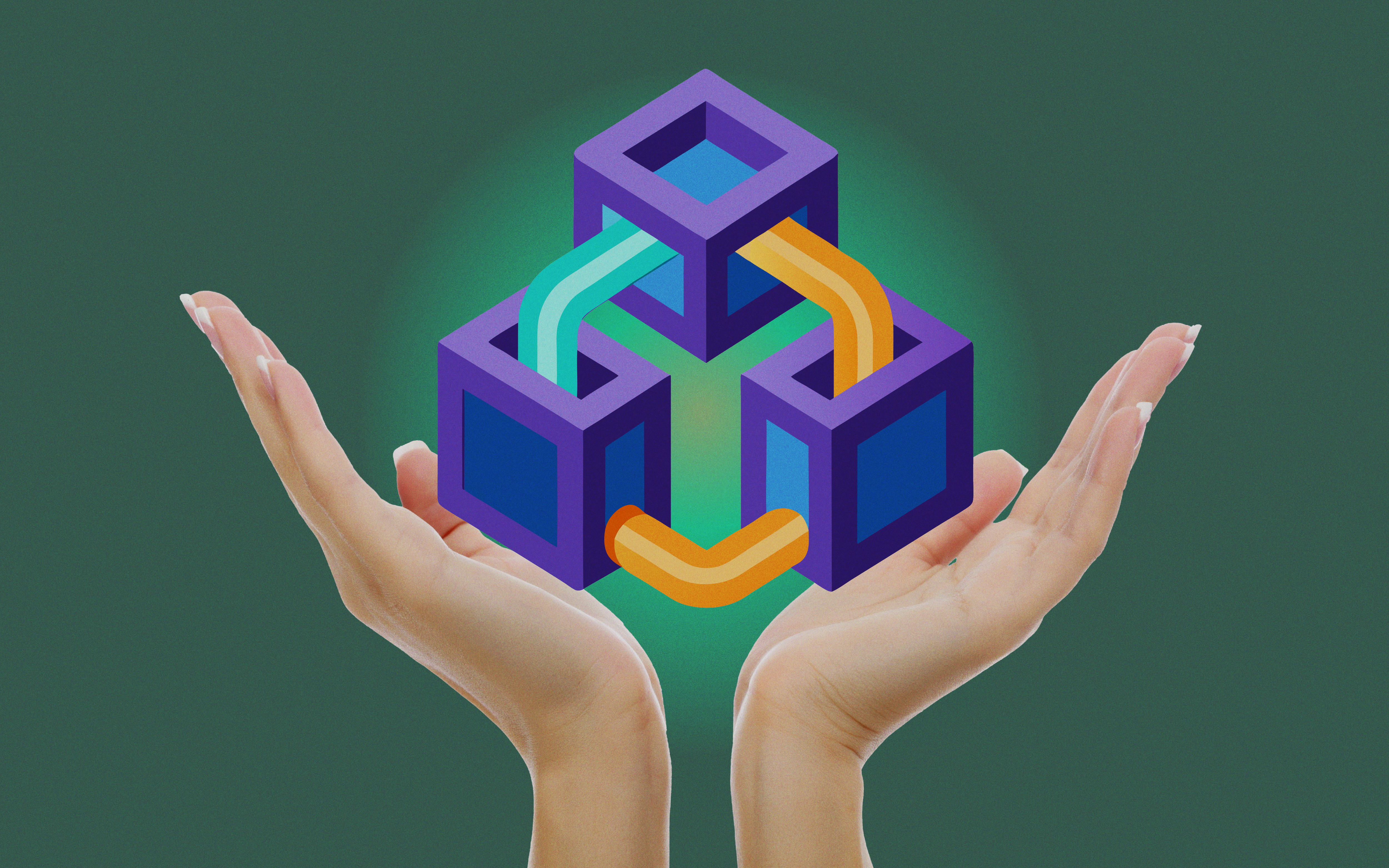 A pair of hands holds up a structure comprising three purple blocks connected with orange and green connectors, symbolizing the usefulness of blockchain technology.