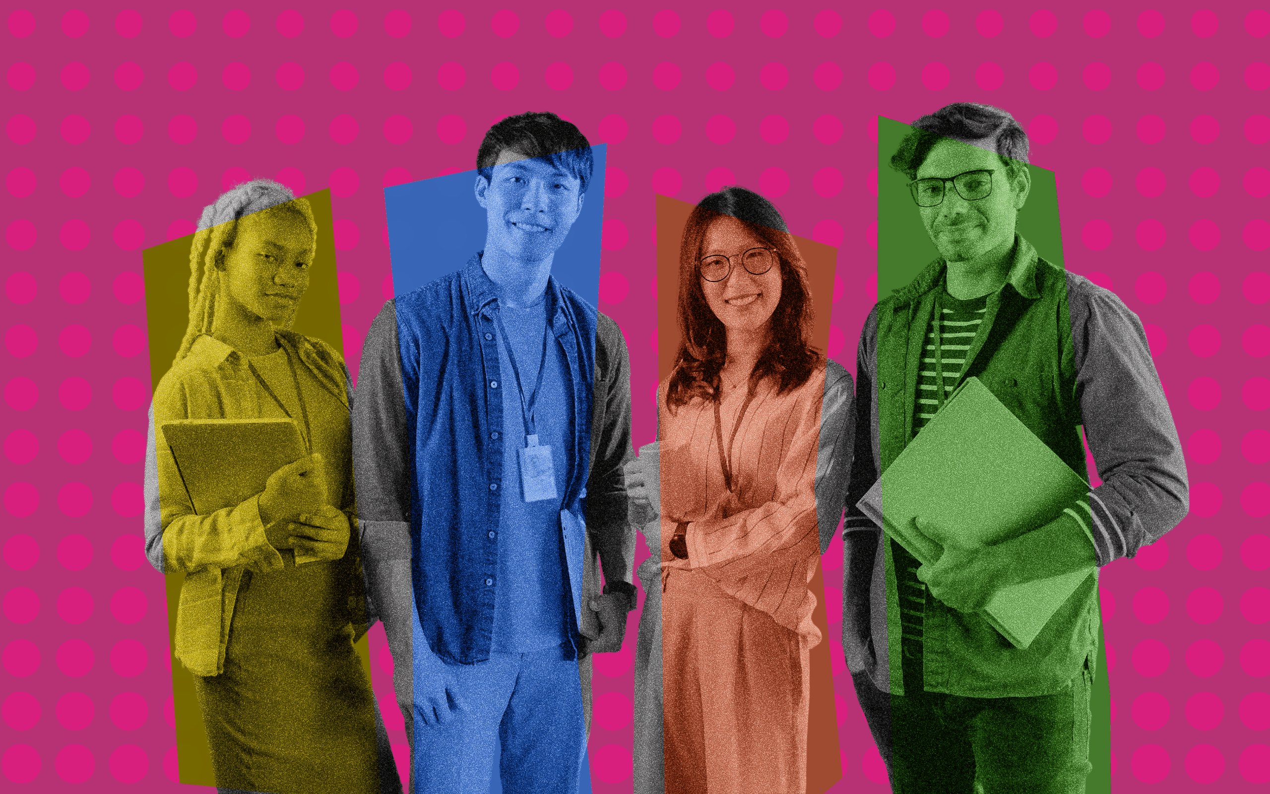 A group of diverse young professionals stand in a row, smiling. This image represents diversity at work, new generations entering work, and cross-generational collaboration.