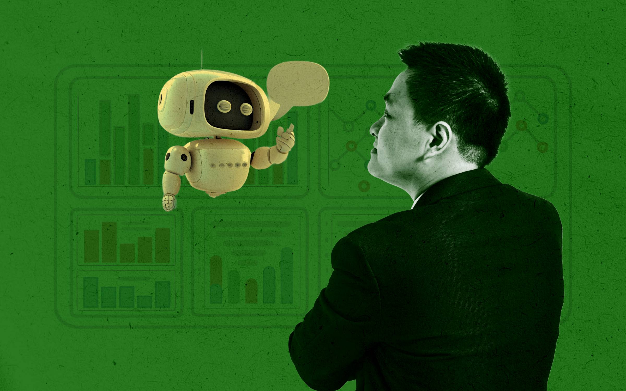 A suited man stands with arms crossed, facing a small yellow robot with a speech bubble, set against a green background filled with charts and graphs. The scene captures a moment of analytical exchange, symbolizing AI’s role in business intelligence and decision-making. It reflects how data-driven bots are becoming collaborators in professional environments.