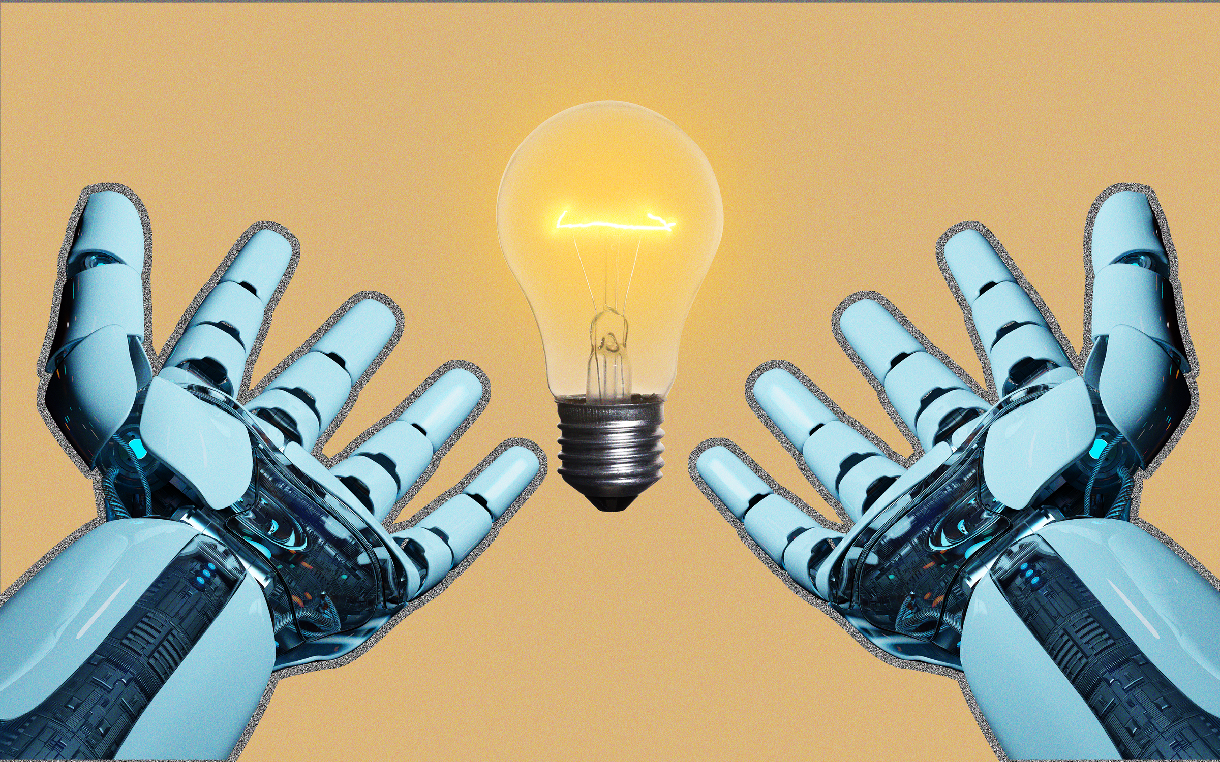 POV shot of android-like hands with a lightbulb floating between them, representing ideas and innovation in the AI space.