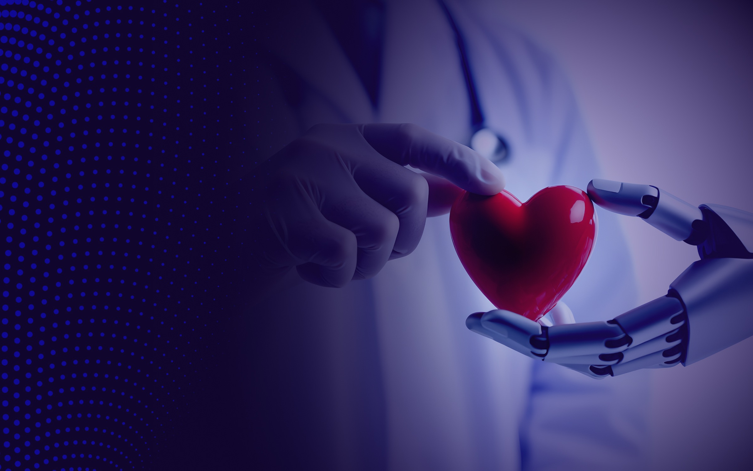 A robotic hand and a human hand, both jointly holding a red heart, with the human side clad in a medical glove and a white coat, suggesting a healthcare context, while the metallic fingers of the robotic hand evoke cutting-edge technology. The image captures themes of health tech, collaborative care, empathy through innovation, the growing synergy between AI and medicine, trust, unity, shared responsibility, and artificial intelligence complementing human compassion in delivering health and healing.
