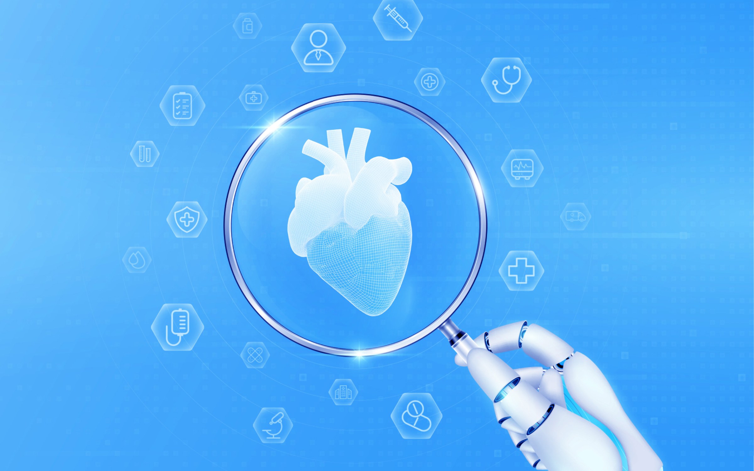 A robotic hand holding a magnifying glass focused on a digital human heart, set against a blue background populated with medical icons, including a stethoscope, syringe, and medical cross. It conveys themes of tech health, precision diagnostics, AI-assisted healthcare, analytical power and augmentation, targeted care, emotional resonance, artificial intelligence enhancing medical insight, supporting early detection, individualized treatment, and ethical scrutiny in patient-centered care.