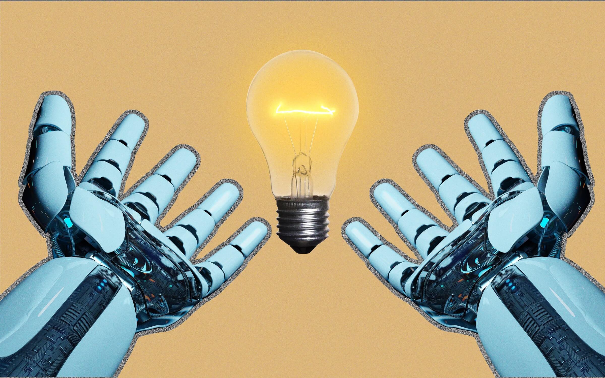POV shot of android-like hands with a lightbulb floating between them, representing ideas and innovation in the AI space.