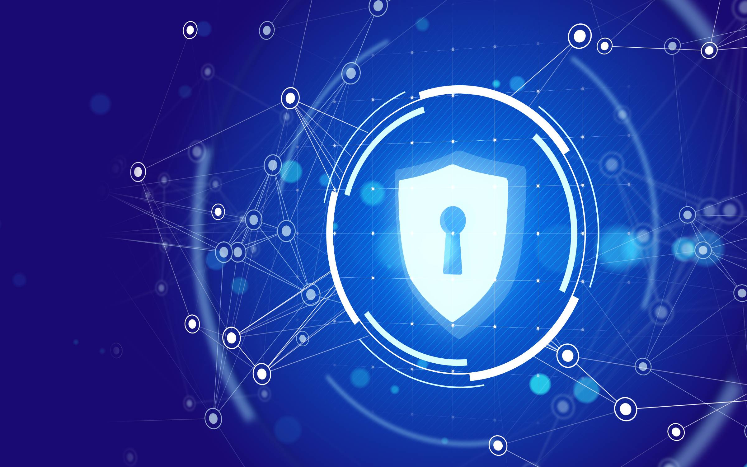 A shield icon with a keyhole at its center, surrounded by a web of interconnected nodes and lines, all set against a glowing blue digital background. It communicates themes of cybersecurity, trust, network protection, defense and safeguarding of digital assets, secure blockchain networks, encrypted communication, resilience against cyber threats, technological intelligence and vigilance, and powerful and dynamic security.