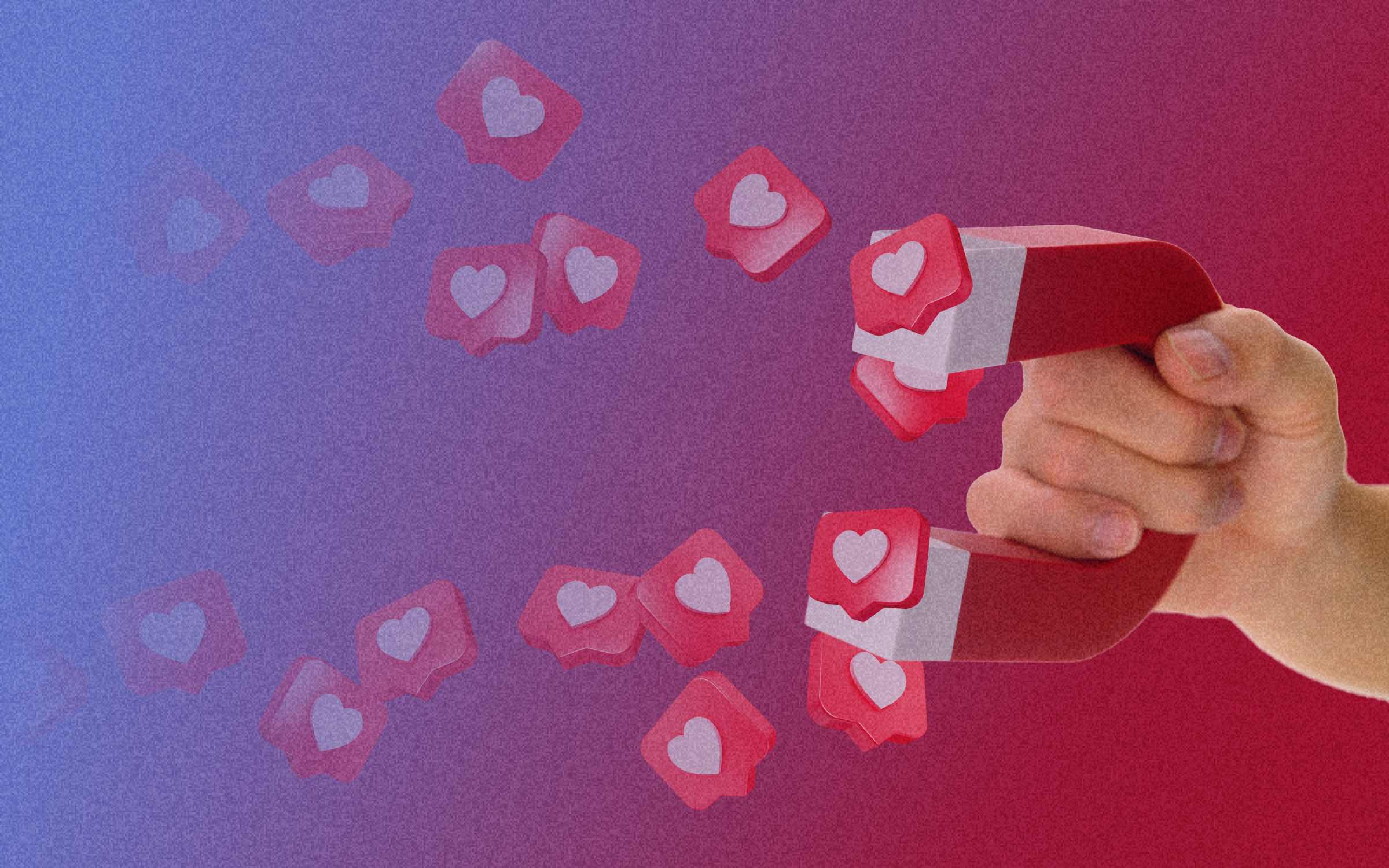 A hand holding a red magnet attracting floating social media “like” icons, symbolizing digital influence, audience engagement, and the pull of executive presence online.