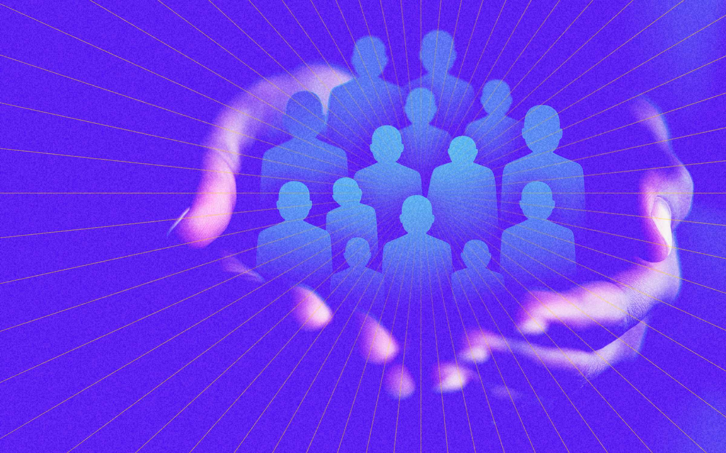 Illustration of hands gently holding a group of silhouetted people, symbolizing empathy, connection, and support in the workplace.