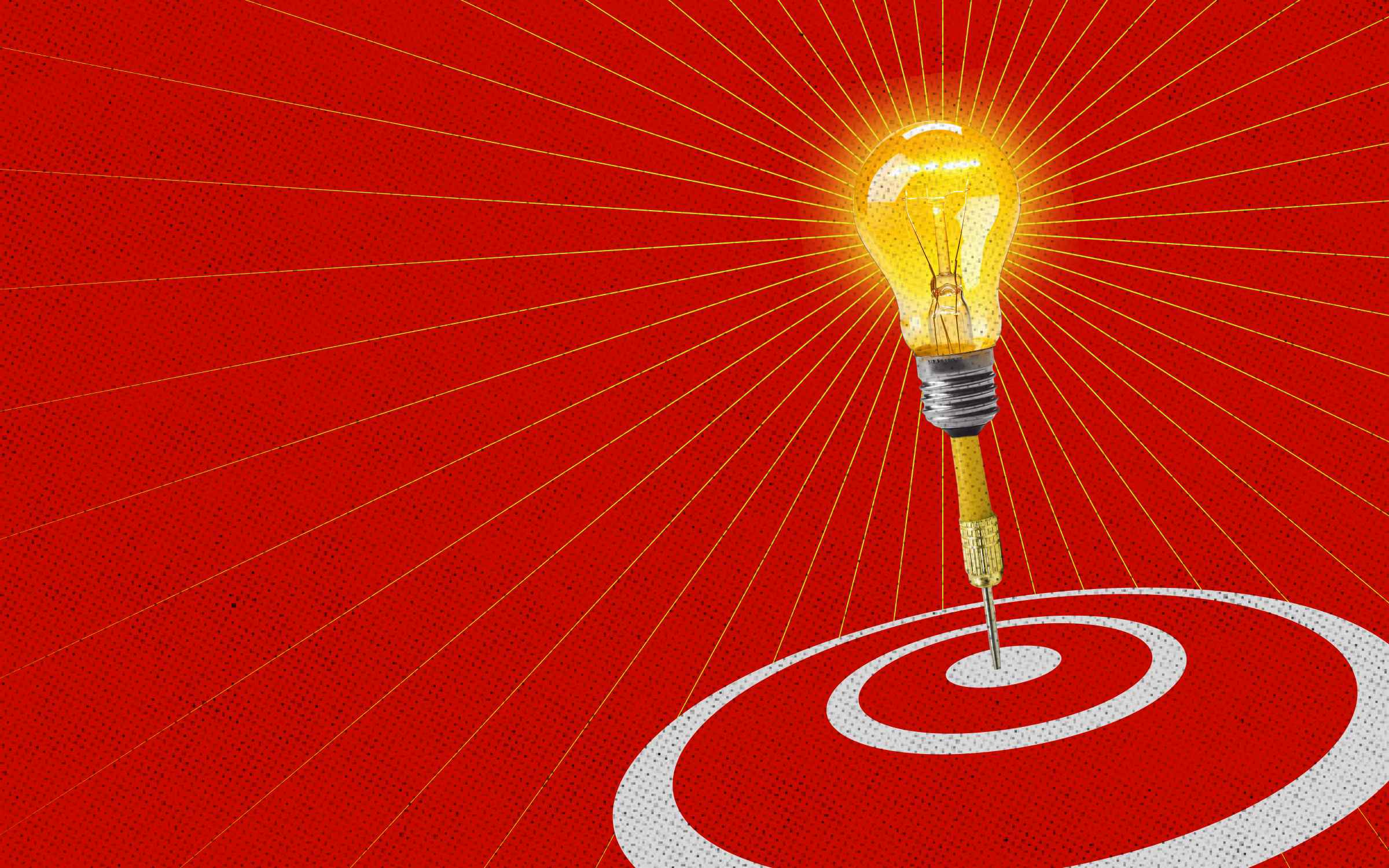 A glowing light bulb with radiating lines, placed on top of a dart, which is precisely stuck in the center of a red target. This symbolizes ideas, creativity, innovation, hitting a goal with the right, well-thought-through idea.