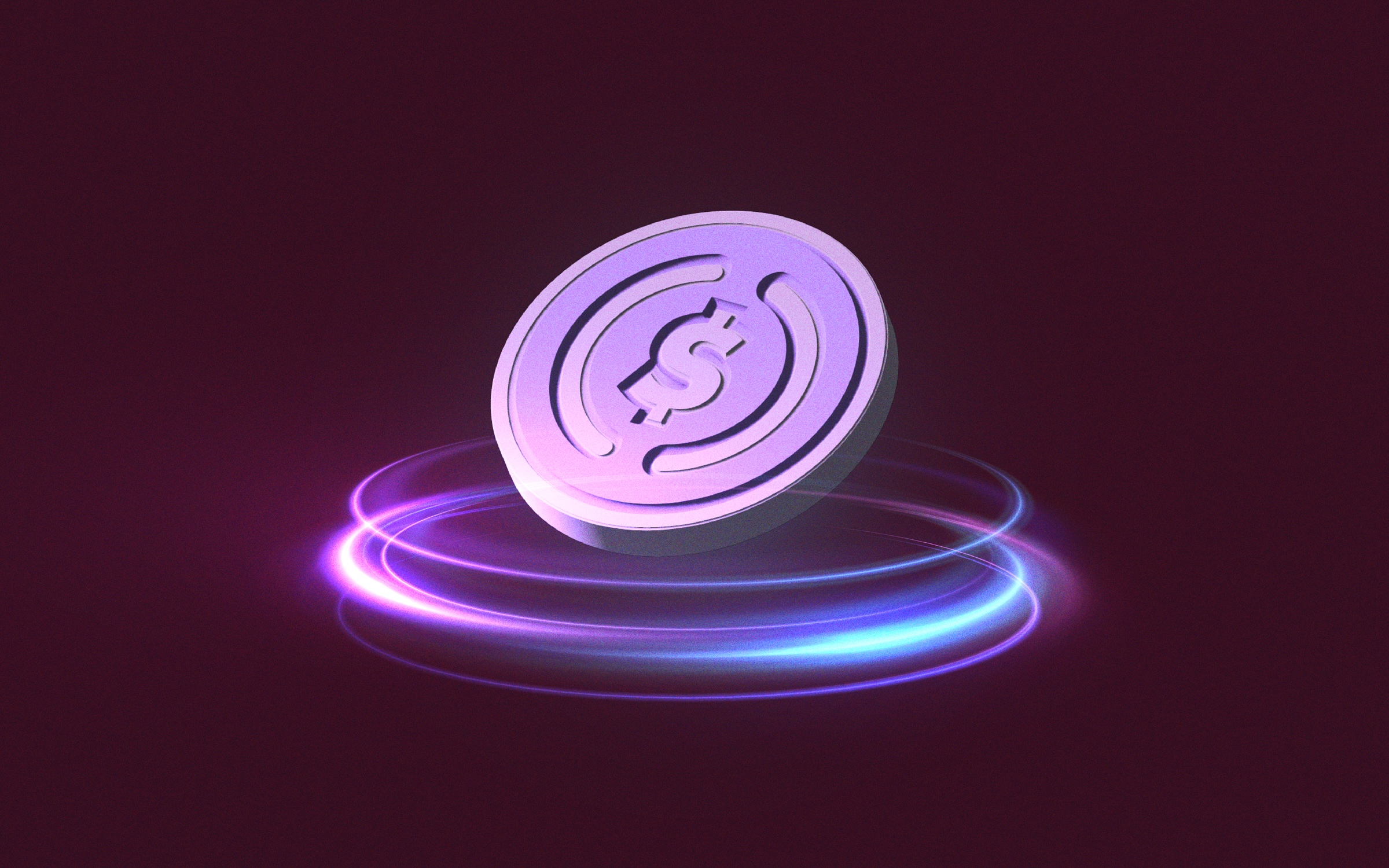 Purple image of a stablecoin set on its edge, with glowing circles around it to suggest it is spinning. Stablecoin adoption in business and finance.