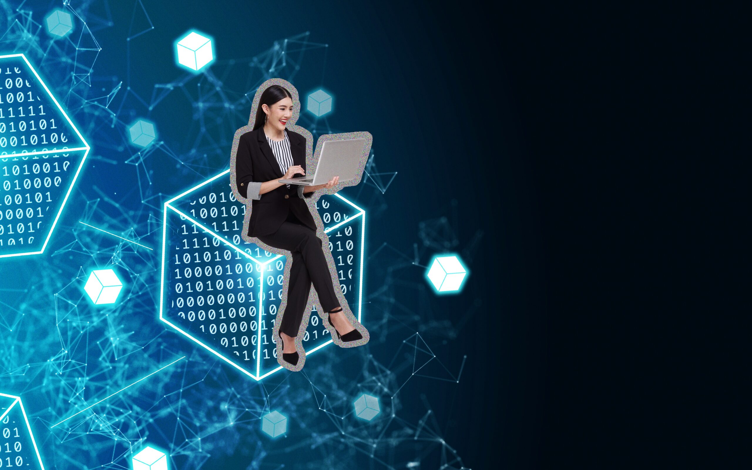Businesswoman sitting on a glowing digital cube made of binary code while working on a laptop, surrounded by interconnected blockchain-style nodes and geometric blocks, representing blockchain technology, its practical uses and the growing opportunities to learn and benefit from decentralized systems. The scene also reflects emerging innovations like AI-enhanced smart contracts and analytics tools that streamline supply chains and strengthen enterprise systems.