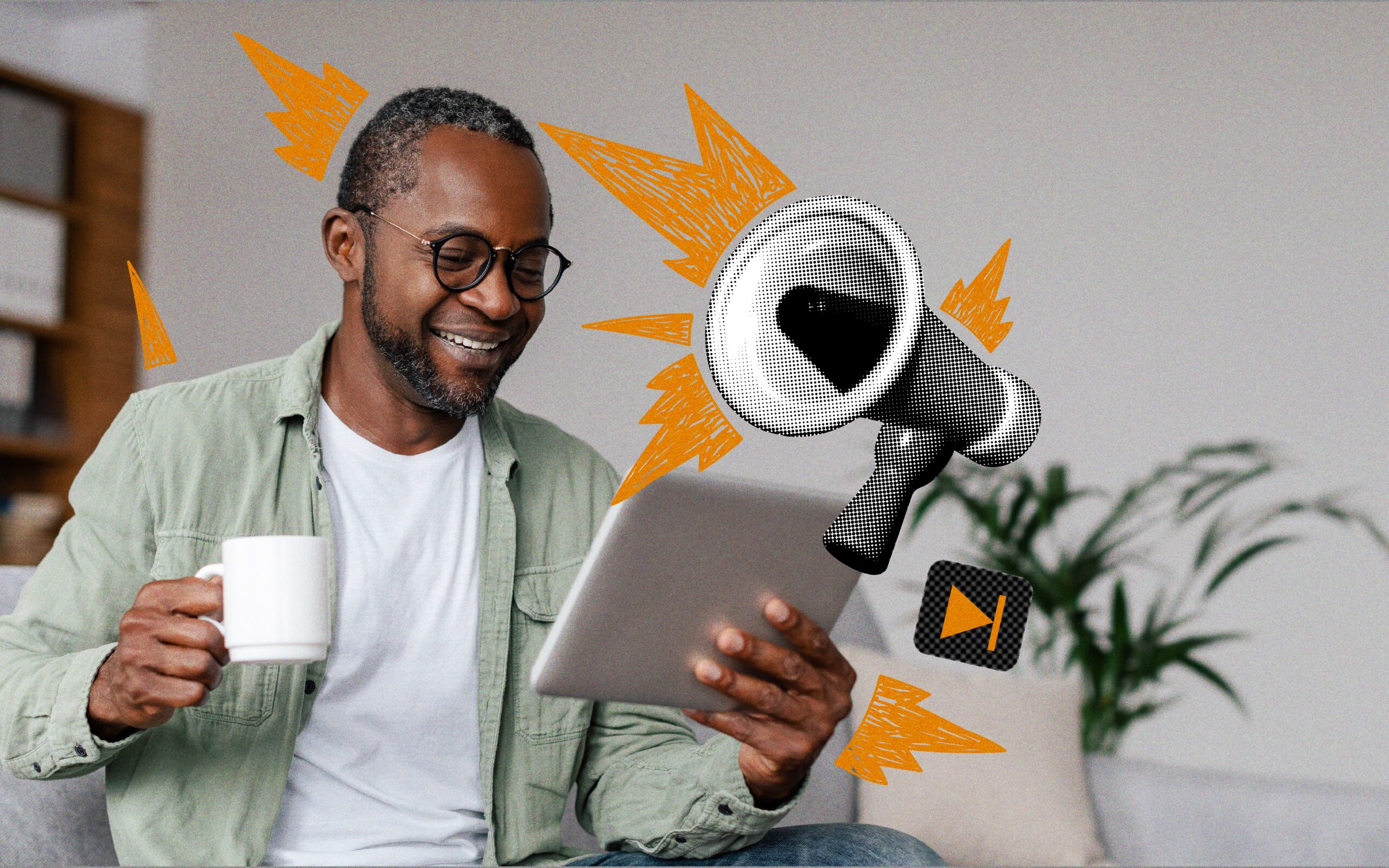A smiling man with glasses sits comfortably in his living room holding a white coffee mug and looking at a tablet. Stylized orange illustration accents and a comic-style megaphone appear around him, suggesting messaging or advertising reaching him through the device. The relaxed setting and his positive expression imply that the communication feels genuine and trustworthy rather than intrusive.