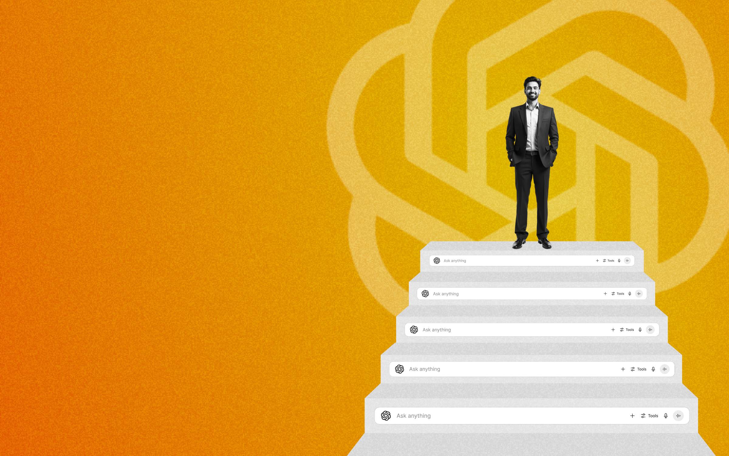 Illustration of a business professional in a dark suit standing confidently at the top of a staircase made of stacked AI chat prompt bars labeled “Ask anything,” with a large, abstract GenAI-style logo in the background. The image uses a warm orange-to-yellow gradient and visually suggests rising authority, AI-driven knowledge and how leaders must climb into AI-generated answers and discovery rather than relying on traditional search.