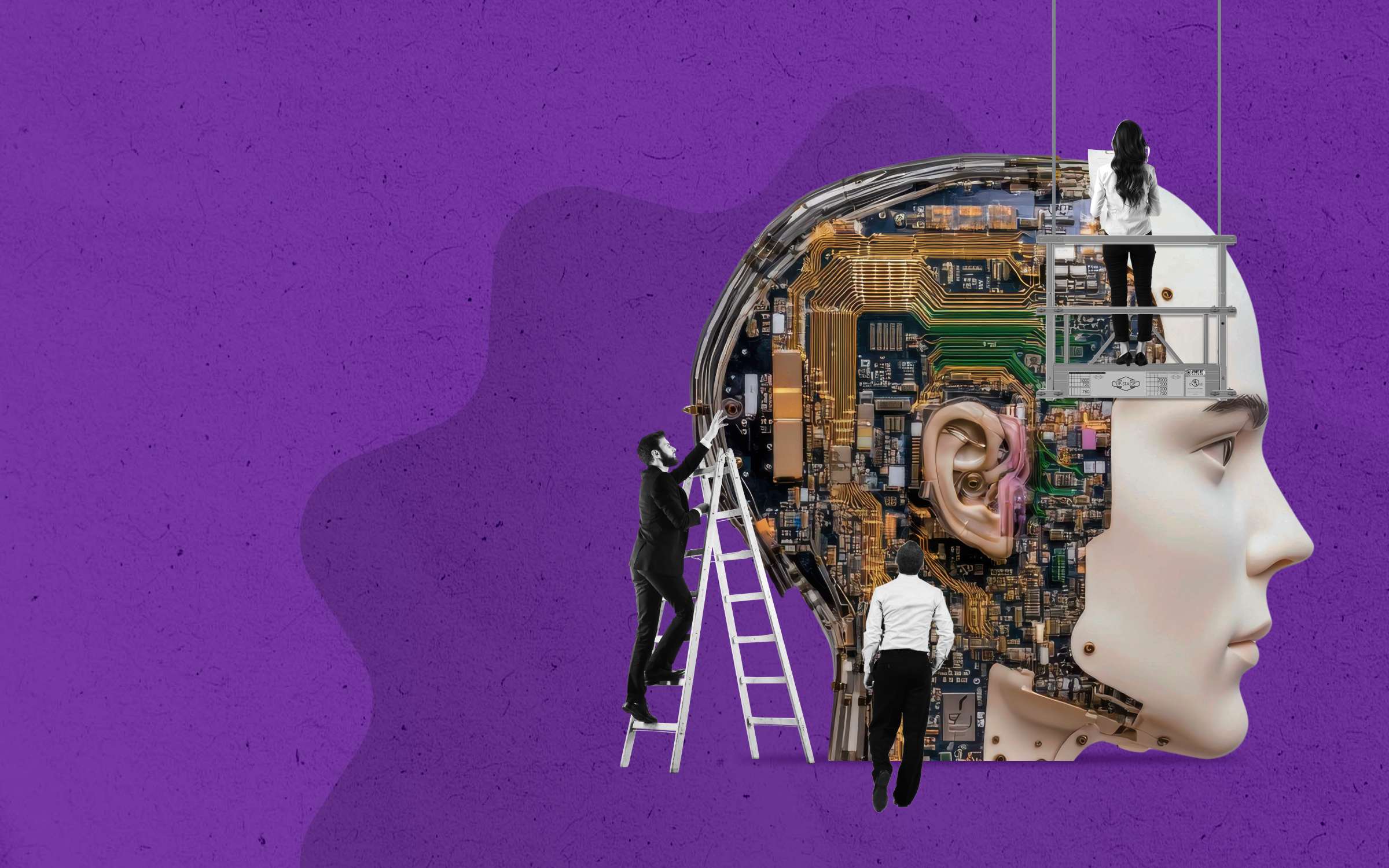 Three individuals are interacting with the inside of a robot head. It contains intricate circuitry and components. The background is a solid purple. This image symbolizes human-machine integration, artificial intelligence, or cybernetics. The exposed circuitry and ear suggest themes of digital communication, technological advancement, and the merging of human cognition with electronic systems. It may represent innovation in artificial intelligence (AI), AI infrastructure, robotics, or neural interfaces.