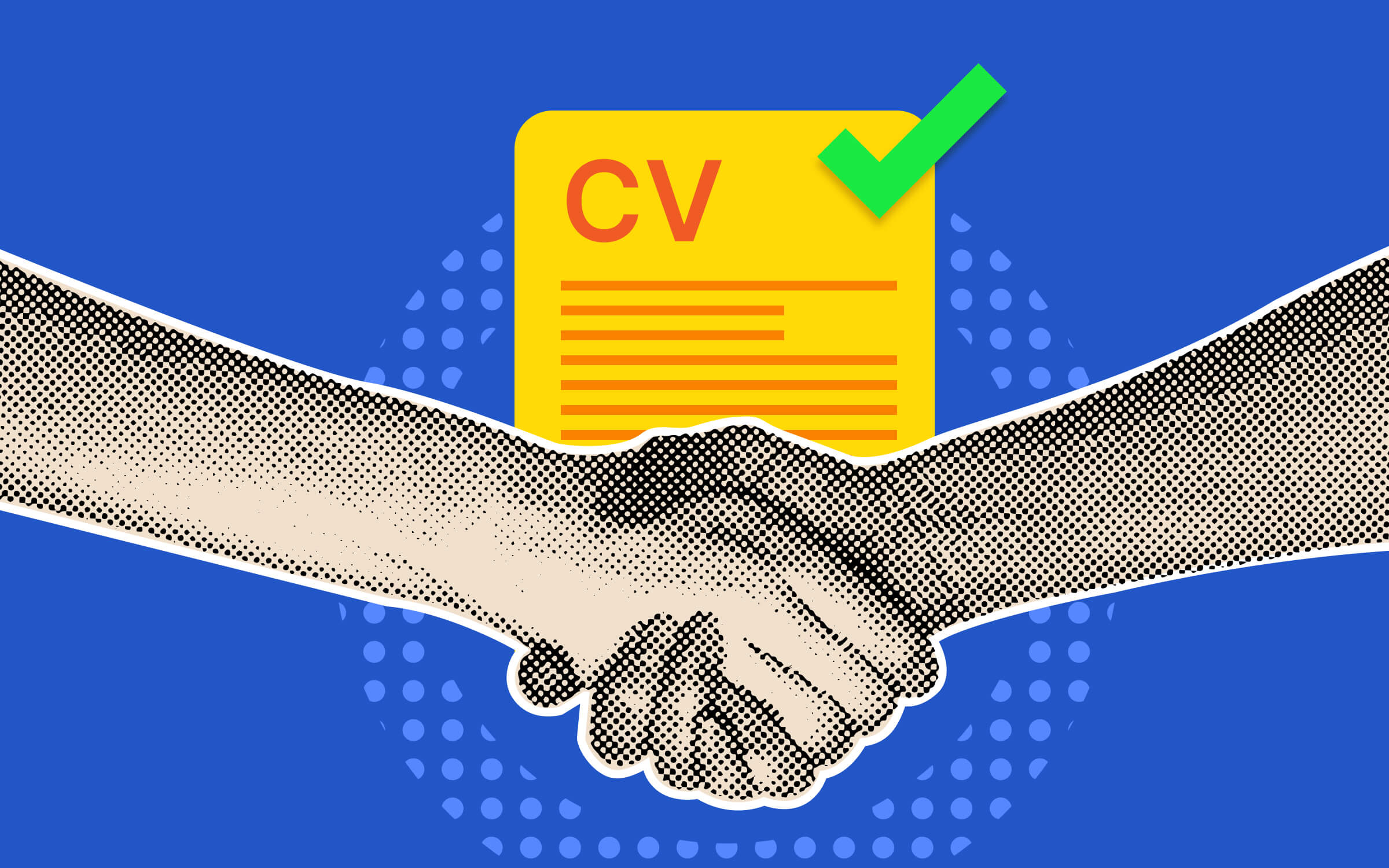 A close-up of a resume or CV with a hand shaking another hand, symbolizing the importance of a friendly, human, yet professional hiring process in which the goal is making the candidate feel confident and guided.