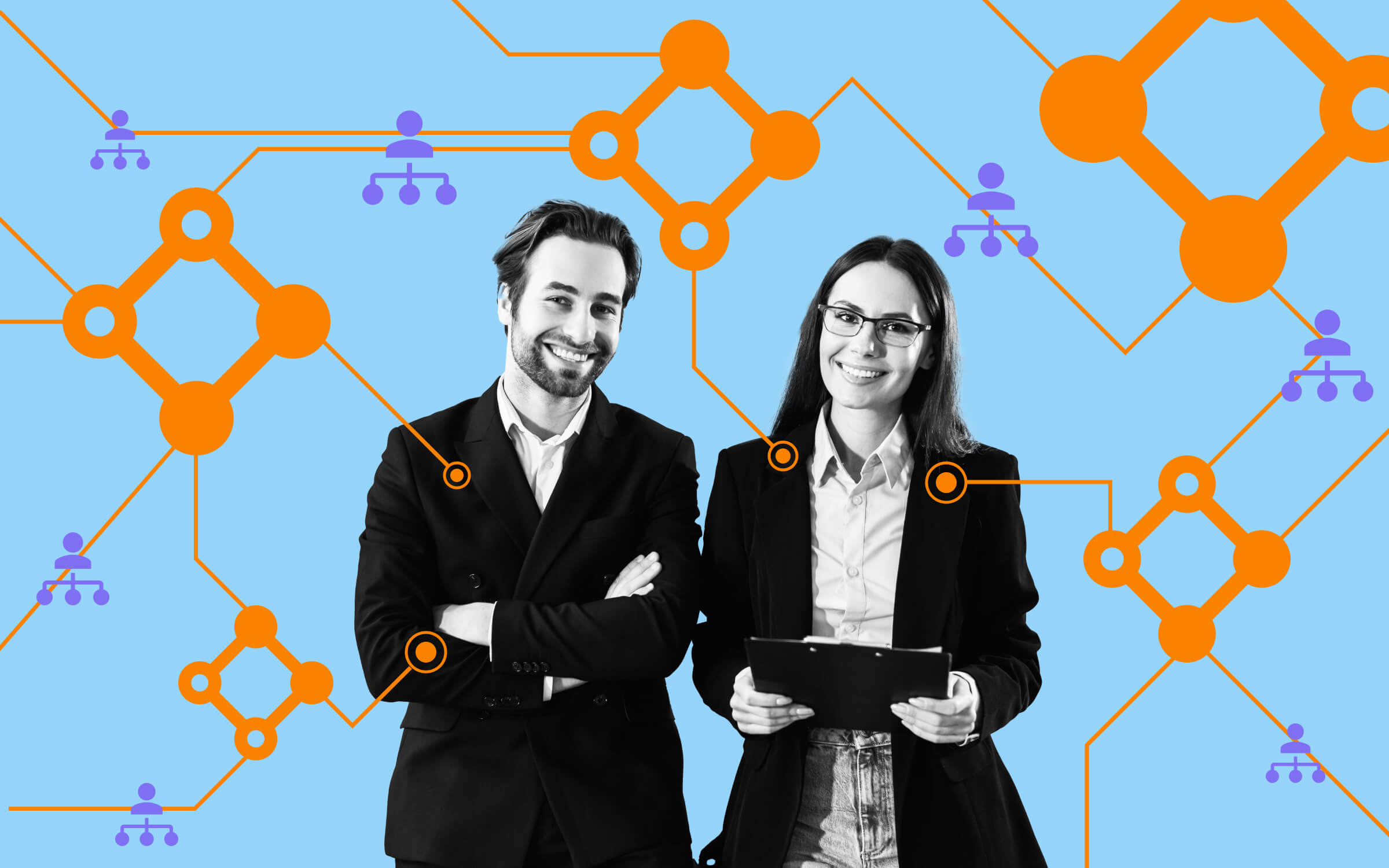Two business professionals standing confidently in front of a stylized network diagram, representing modern talent strategy, people management, and the interconnected systems small and midsize businesses must build to compete in today’s labor market.