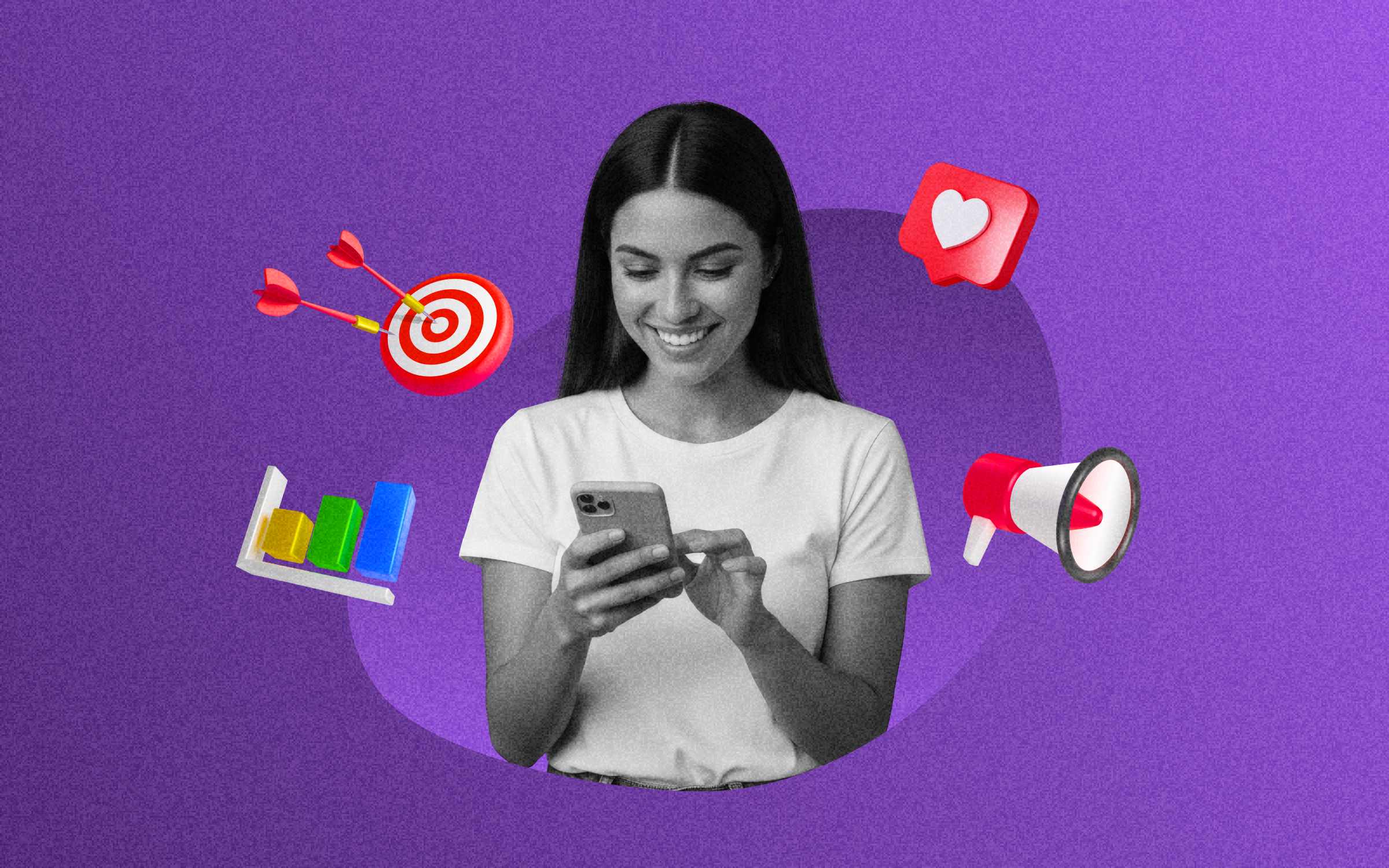 Illustration of a smiling woman in a black-and-white cutout looking down at a smartphone on a purple background. Around her are colorful digital marketing icons—a bull’s-eye target hit with darts, a heart “like” notification, a red megaphone and a bar chart—suggesting social engagement, targeting, promotion and analytics.