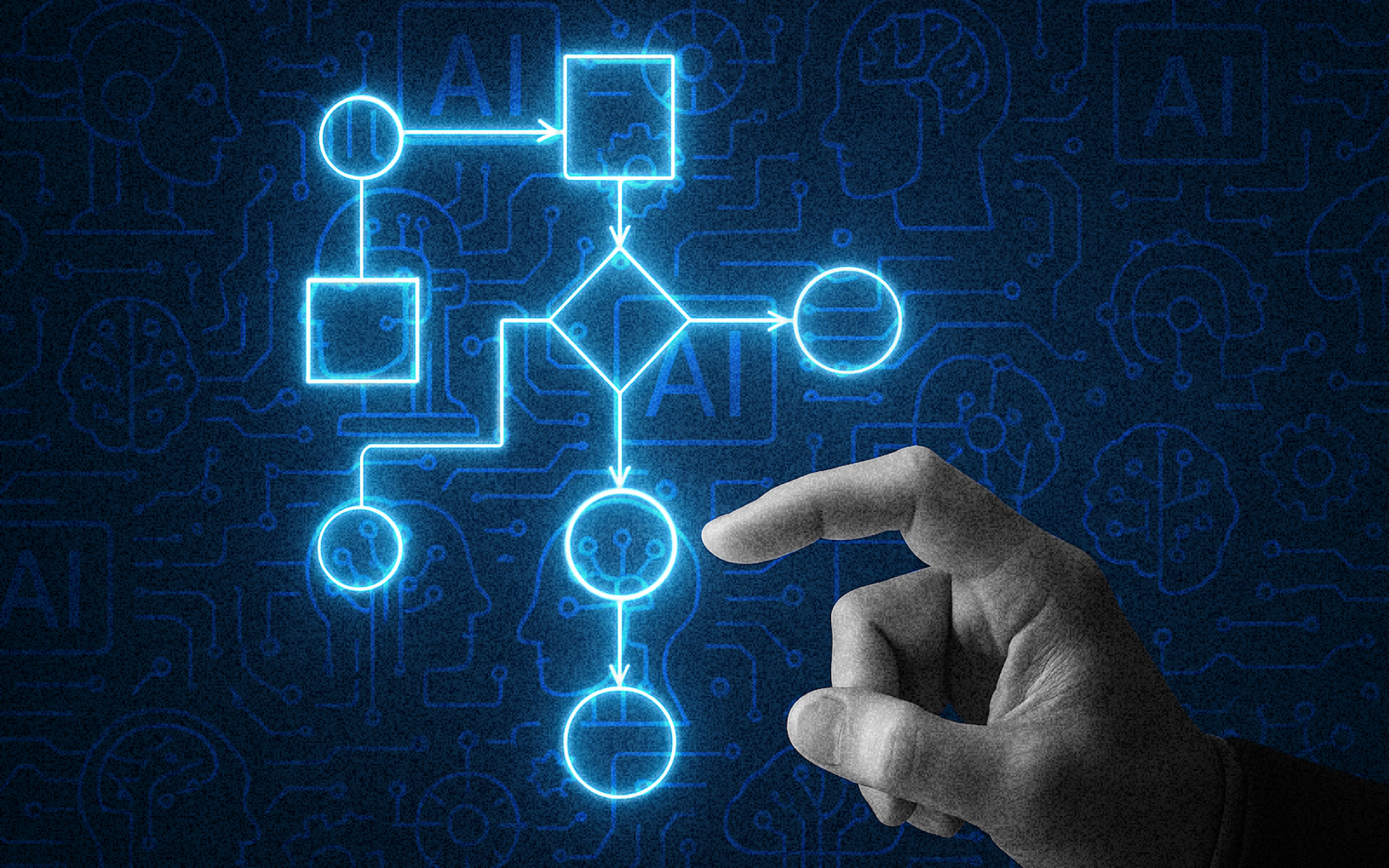 A simplified flowchart or decision tree graphic with glowing nodes and connecting lines, representing AI's analytical and decision-making processes. A hand is shown interacting with a holographic interface over the chart. Can also represent human decision-making for AI and AI accountability.
