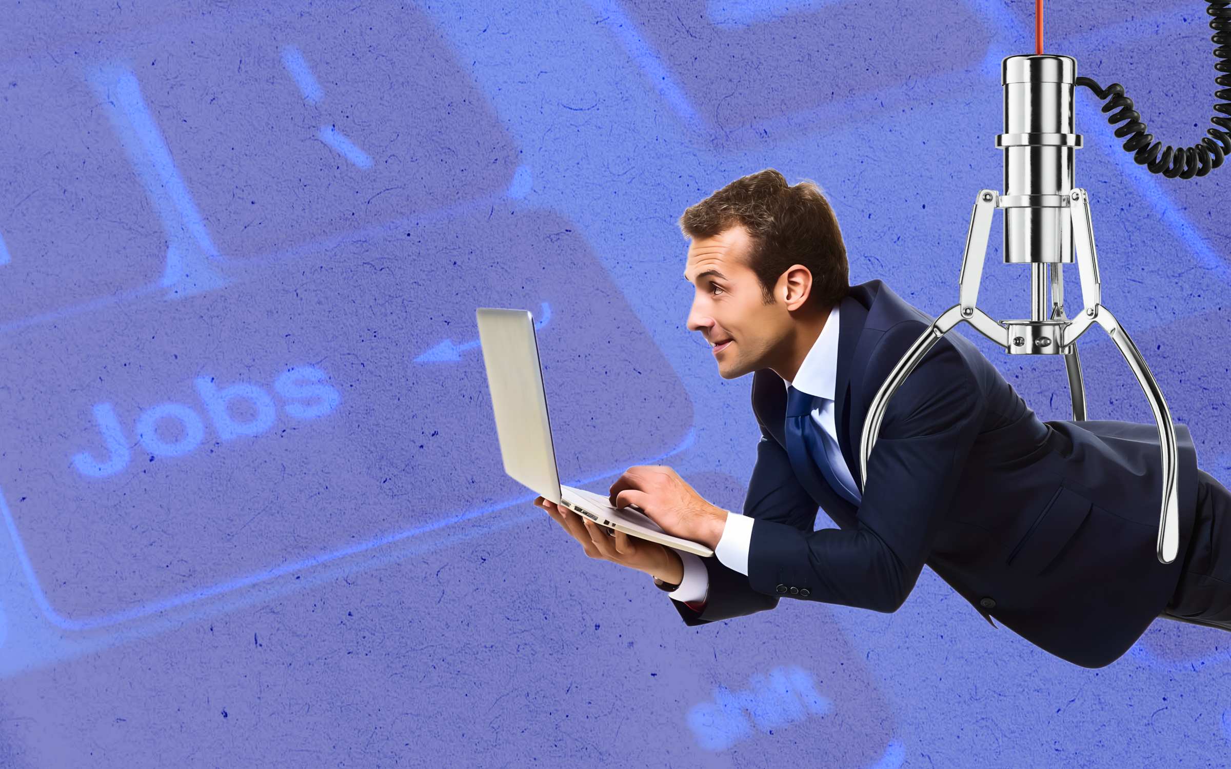 A man dressed in a business suit holding onto a laptop. The man is being held by a claw machine and there is a keyboard in the background of the image. This image can convey hiring, recruitment, employee selection, or technology in human resources.