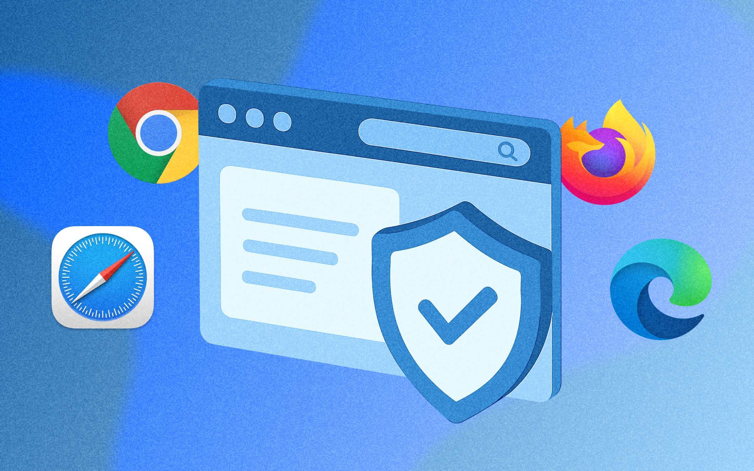 Illustration of a web browser window with a prominent shield and checkmark symbol in front, representing secure browsing and data protection. Surrounding the browser are recognizable browser icons resembling Chrome, Firefox, Safari and Edge, reinforcing the theme of browser-level security, copy-paste data risks and the need for safer defaults across enterprise web environments.