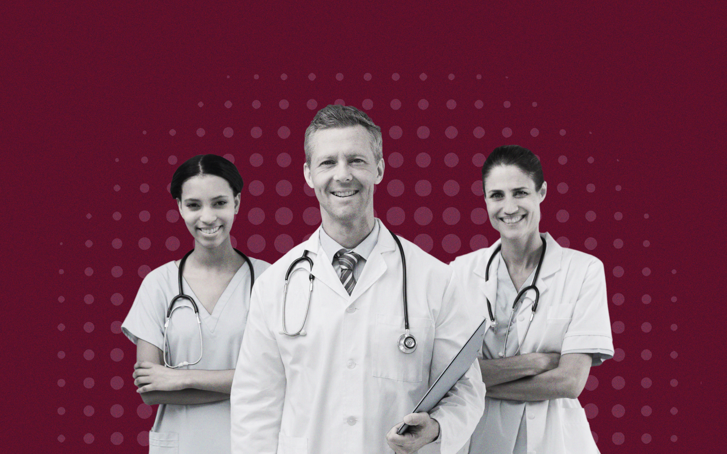 A nurse and doctors in grayscale, smiling together over a dotted background.