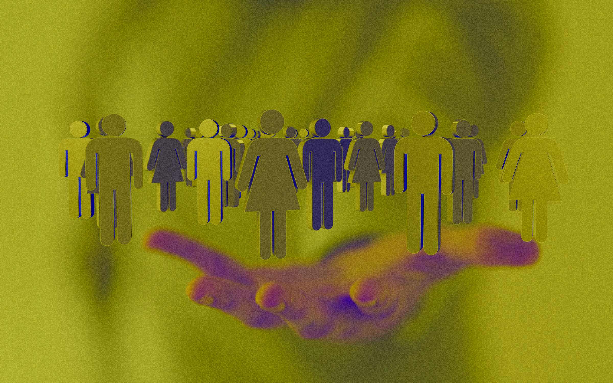A stylized hand extends forward with floating human icons arranged in depth against a green-yellow gradient background. The image shows human resources through symbols of people, networks, and community support.