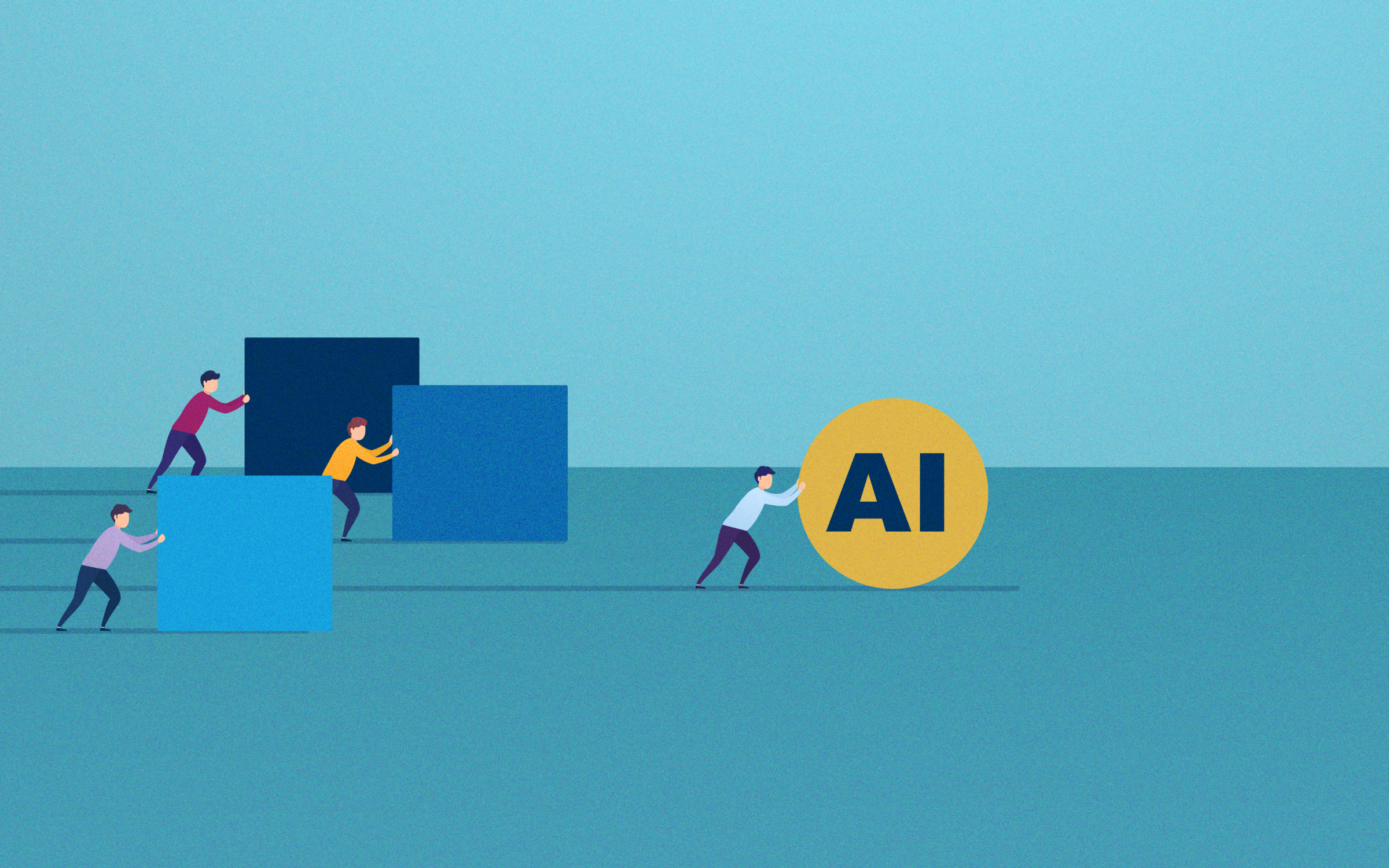 Illustration of people pushing objects, and one of them is ahead, pushing an AI circle. Represents AI advantage against competition, AI efficiency, scaling AI or AI growth.