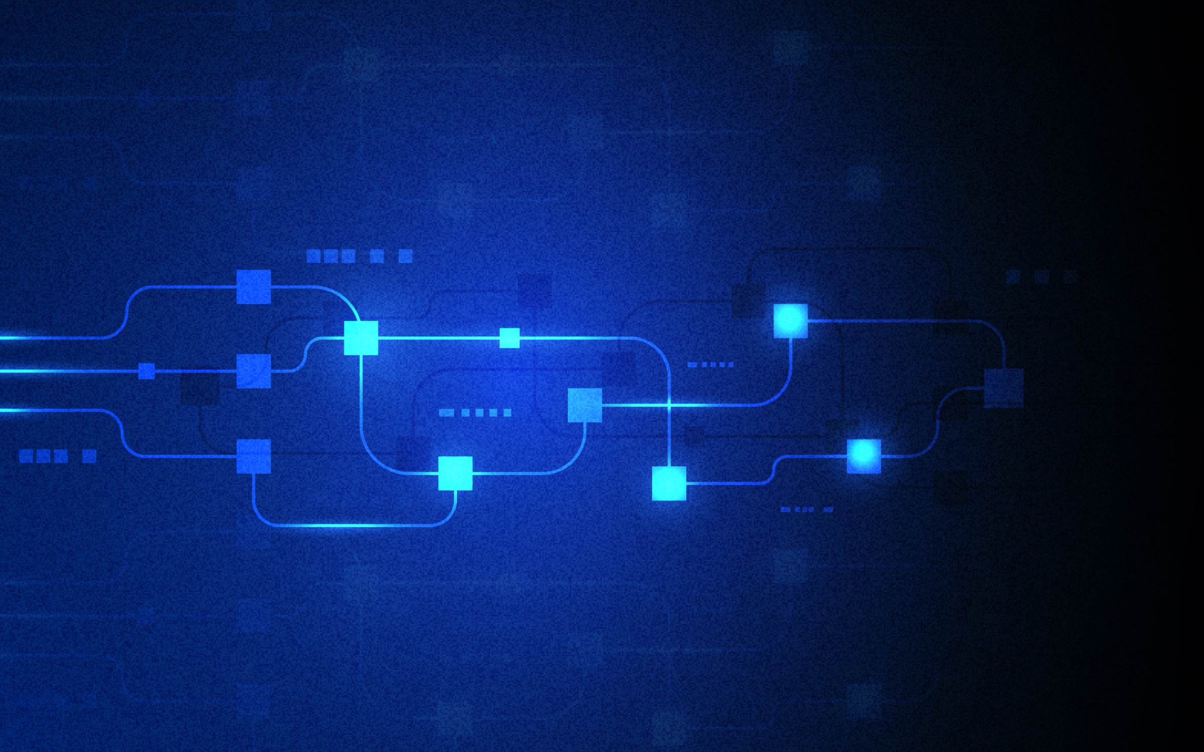 Abstract digital illustration of a blockchain-style network, with glowing blue and teal lines linking square nodes across a dark blue background. The connected pathways and illuminated intersections evoke decentralized data flow, machine-to-machine transactions, verifiable digital records and the layered infrastructure behind AI-blockchain systems.