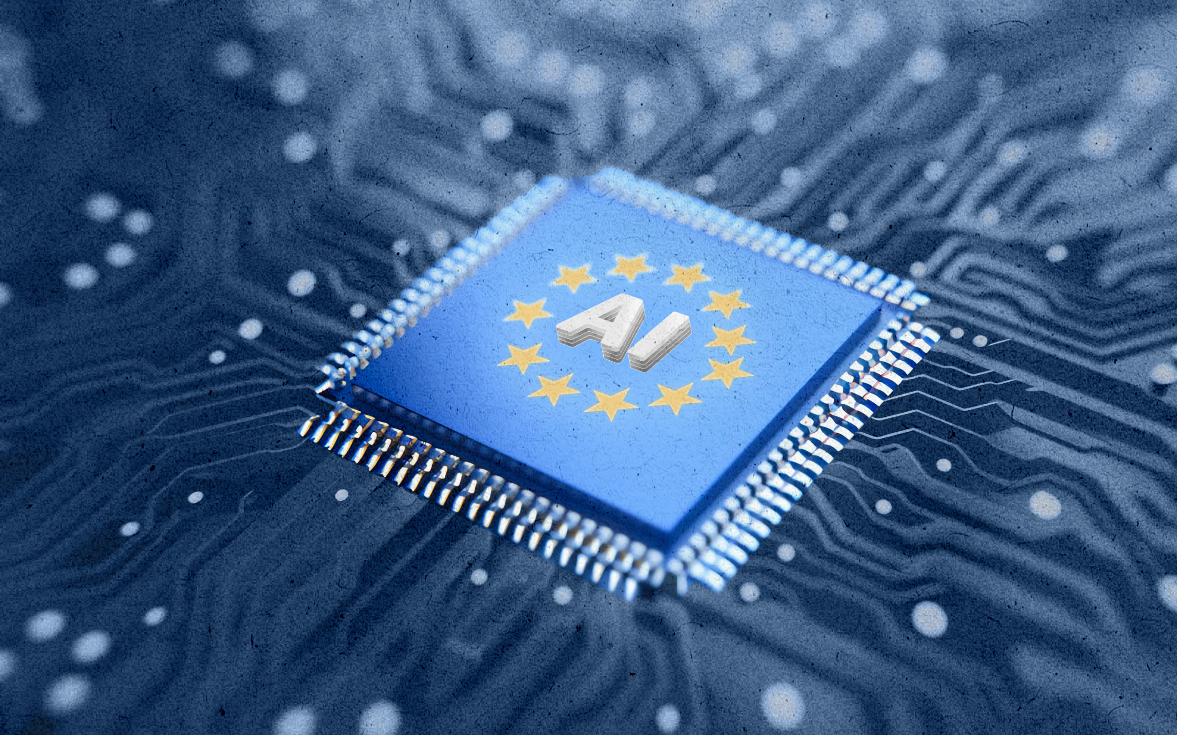 AI chip with EU flag, representing AI regulations in the EU and Europe.