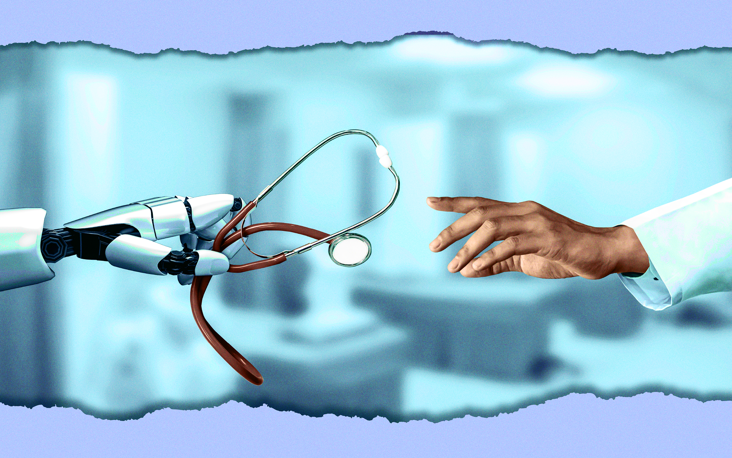 Image of a robot hand holding a stethoscope and reaching it out to a human hand, representing shifting healthcare policies and expectations around AI and care.