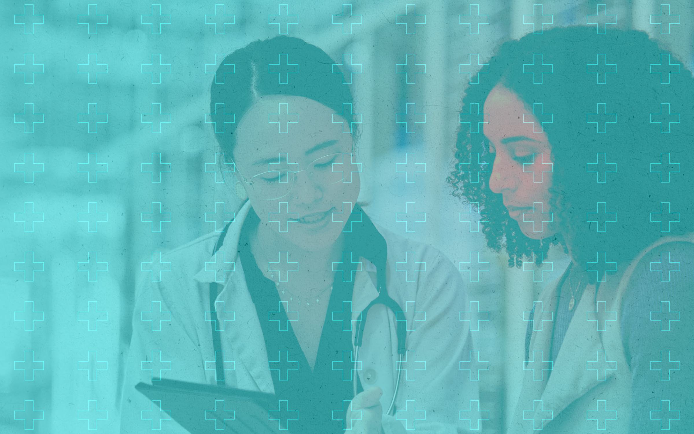 A doctor with a stethoscope reviews information on a tablet with another person, overlaid with medical cross symbols. The image shows healthcare through professional communication and information sharing.