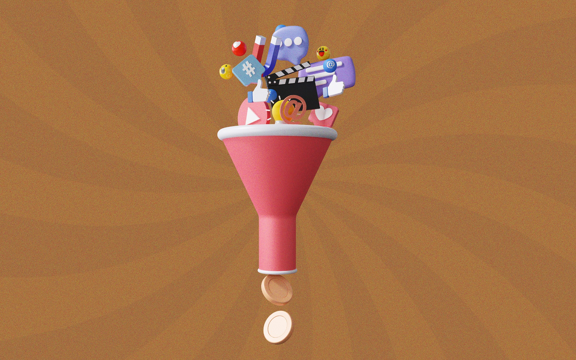 Illustration of a marketing funnel converting digital engagement into revenue, with colorful icons representing social media, video, messaging and online interaction flowing into a large funnel and coins dropping out the bottom to symbolize how strategic content marketing can translate audience attention and engagement into pipeline growth and revenue.