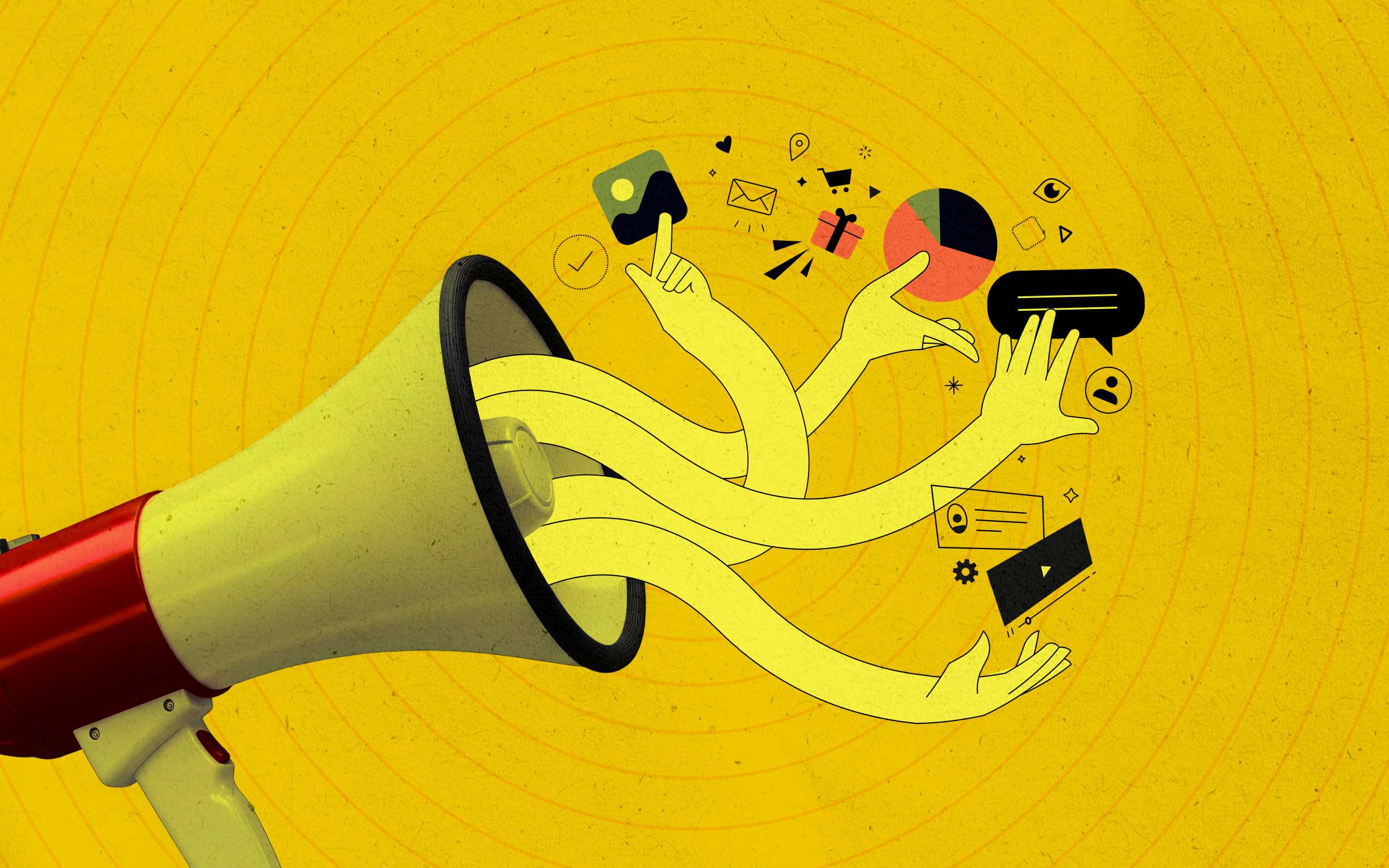 A red-and-yellow megaphone with multiple arms extending from its bell, each hand reaching toward digital marketing icons including a pie chart, email envelope, shopping cart, chat bubble, video player and social media symbols, set against a bold yellow background with concentric circles.