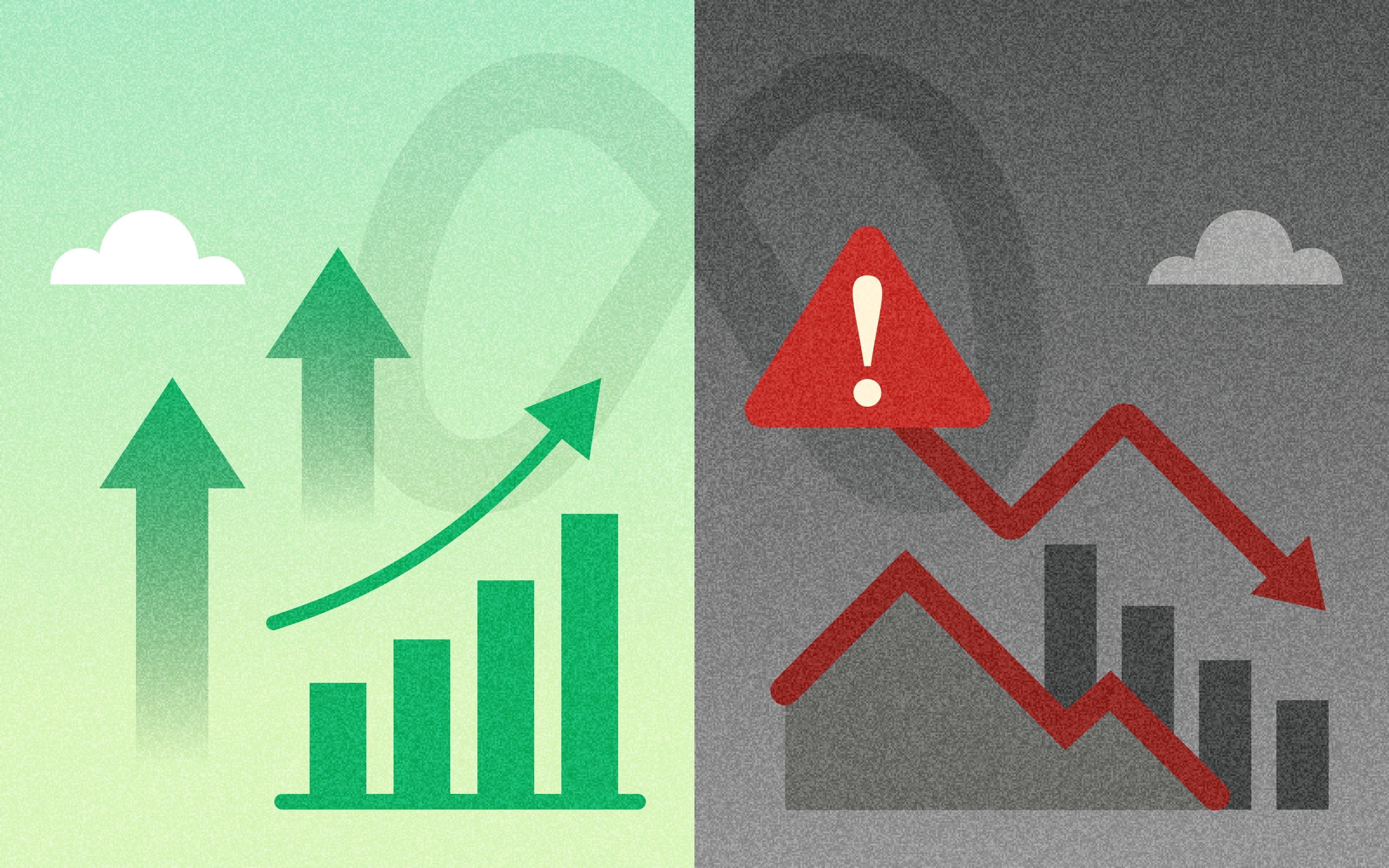 A divided image. One side represents "opportunities" and scale with bright, positive imagery (growth charts, upward arrows). The other side represents "risks" with more abstract, potentially darker imagery (warning signs, downward trends). The Meta logo is subtly present in both halves.