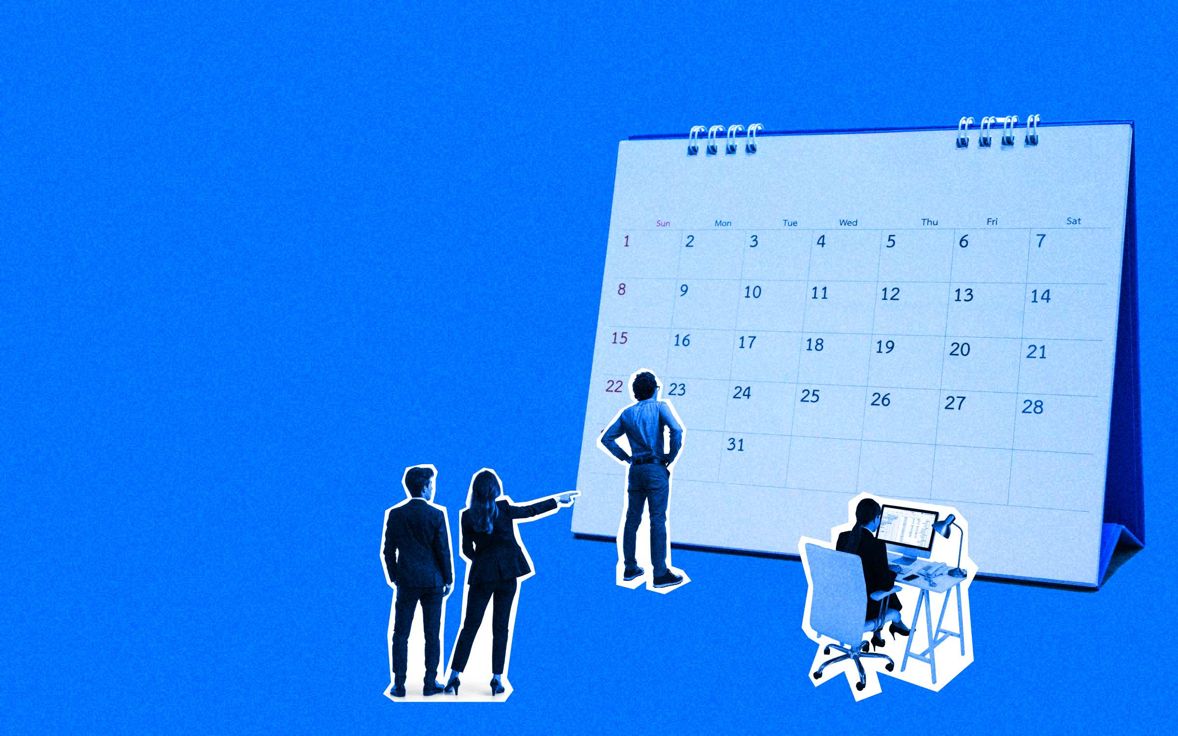 A team of employees, both male and female, strategizing together and looking at a giant calendar on a light blue background. This image conveys teamwork, team planning, holiday planning, PTO, strategizing, and communication.