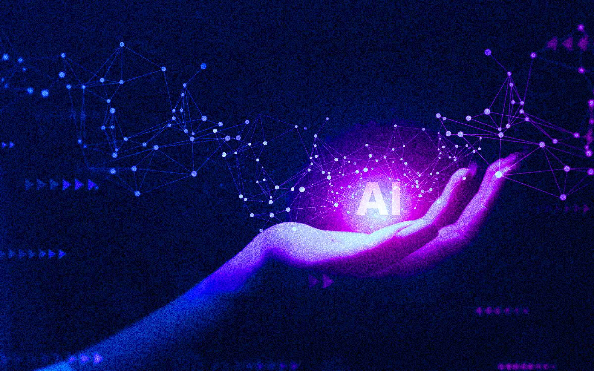 A purple-blue illuminated hand holds a glowing orb with the letters “AI,” surrounded by interconnected nodes and lines. The image shows AI artificial intelligence as a transformative technology linked through data networks.