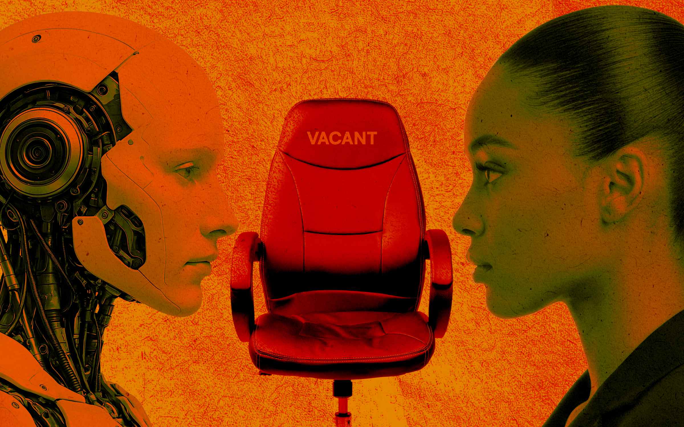 A humanoid robot and a human face each other with a red office chair labeled “VACANT” between them, set against a textured orange background. The image shows AI artificial intelligence HR human resources through themes of competition, workforce coexistence, and filling roles with either humans or technology.