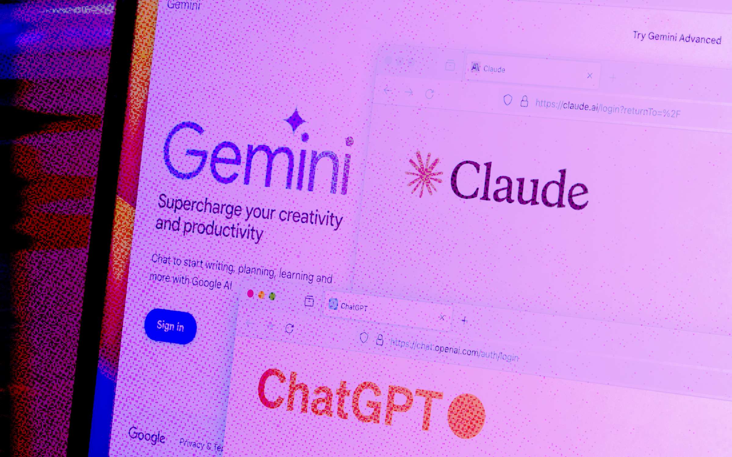 Screens display Gemini, Claude, and ChatGPT websites. The image reflects AI themes of platform diversity, interface design, user engagement, and creative augmentation. It represents the competitive landscape of conversational agents, where access points shape experience, branding signals capability, and the convergence of tools invites reflection on how intelligence is mediated across ecosystems.
