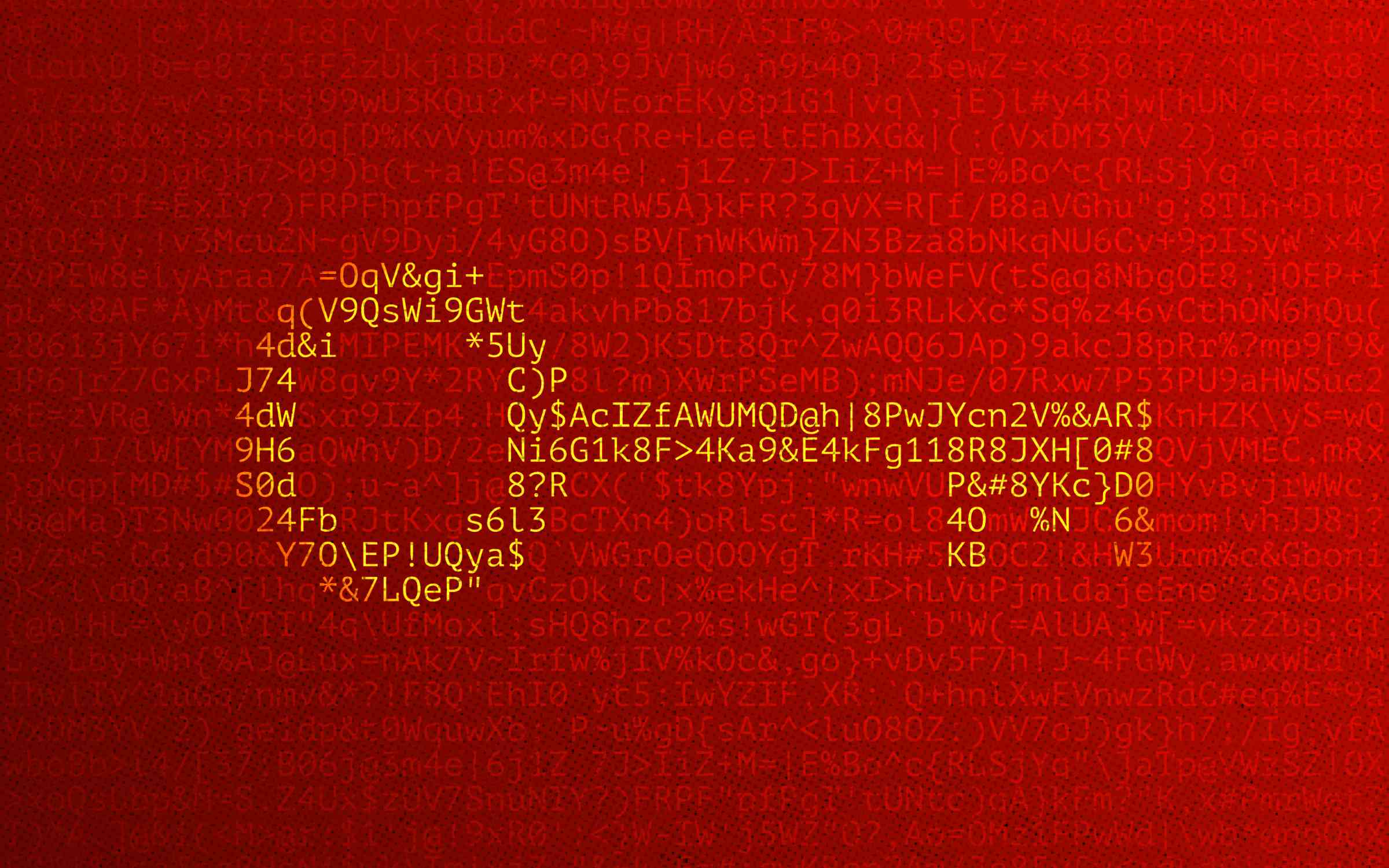 A dark red background overlaid with dense rows of both faint and bold yellow code strings, symbols and alphanumeric characters. The bold characters form the shape of a key. Evokes the complexity of software systems and the hidden vulnerabilities that cybersecurity programs work to detect and remediate.