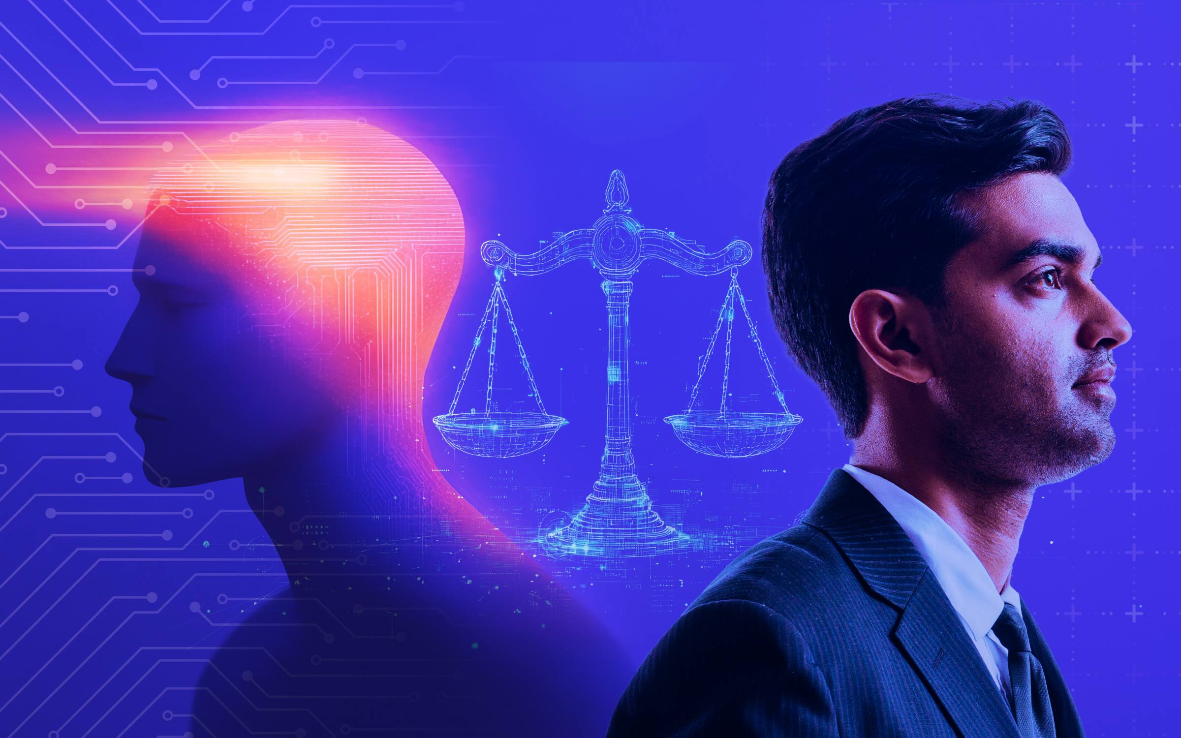 A glowing circuitry-filled human head silhouette faces a suited figure, with a holographic balanced scale between them. The image shows ethical AI and national security through the intersection of artificial intelligence, human decision-making, and justice.