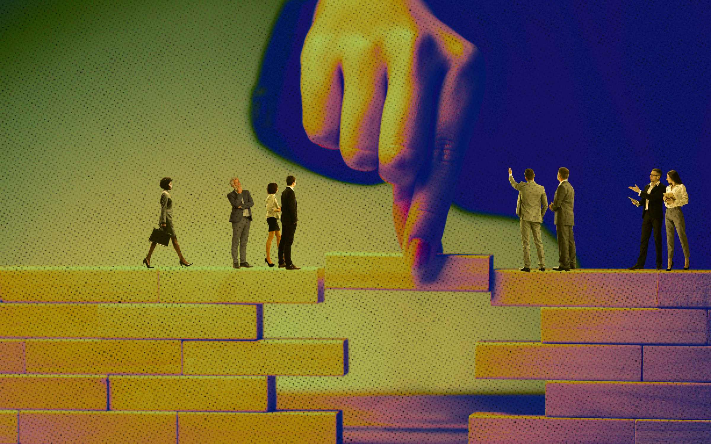 Businesspeople stand on separate block platforms as a giant hand places a connecting block to bridge the gap. The image shows HR navigate resistance through themes of overcoming barriers, fostering teamwork, and building pathways to collaboration.