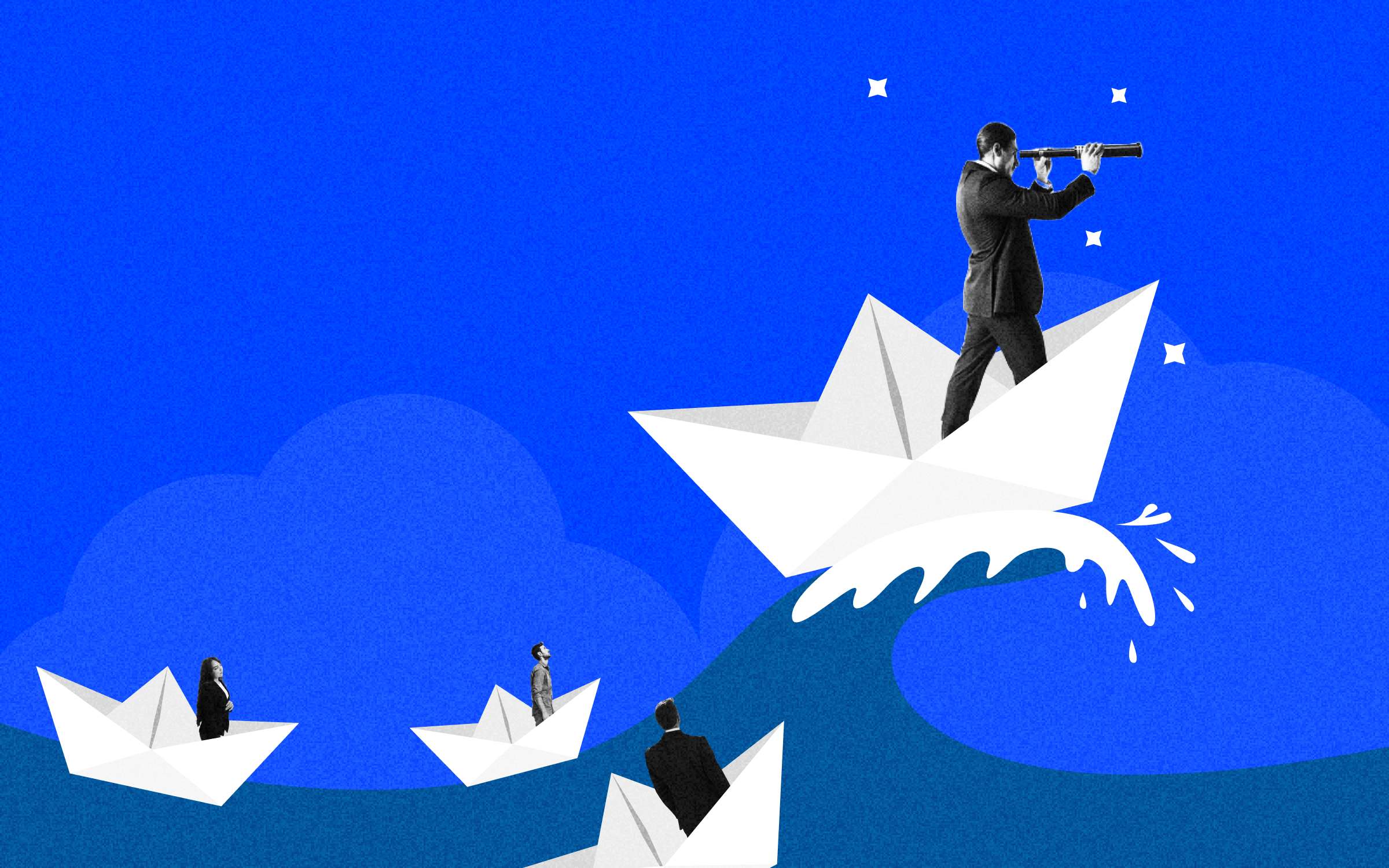 Collage-style illustration of several executives riding white paper boats on a deep blue sea, with one leader standing in the largest boat and looking through a telescope. The image suggests strategic foresight, cross-functional leadership and navigating uncertainty—reflecting an article about how CMOs can guide C-suite alignment by seeing ahead, communicating clearly and helping other business leaders move in the same direction.