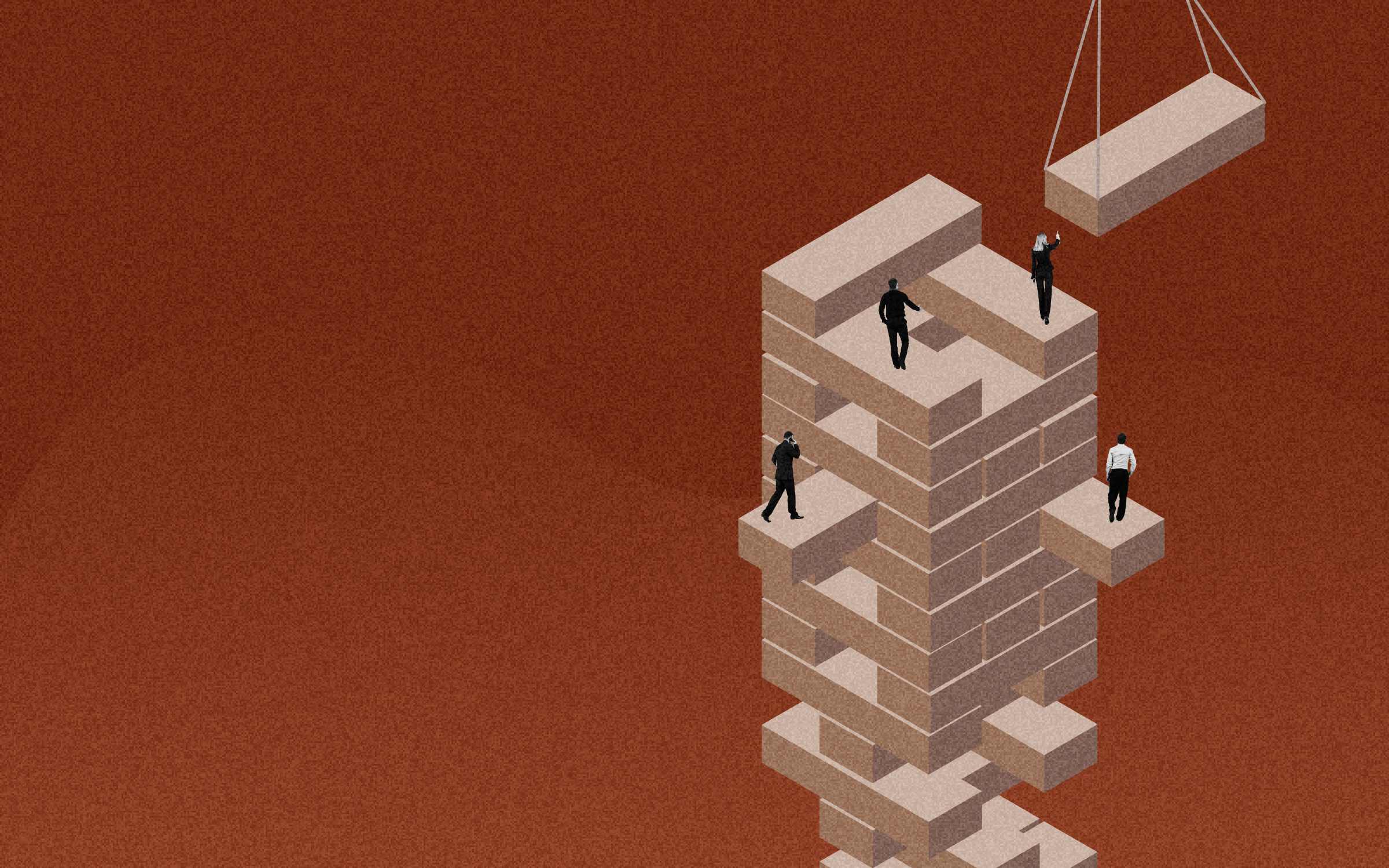 Illustration of several business professionals positioned around a towering, Jenga-like stack of large rectangular blocks against a textured rust-colored background. One figure appears to guide a suspended block into place from above while others stand on different levels of the structure, suggesting the careful, coordinated work of building brand authority, credibility, stability and trust over time.