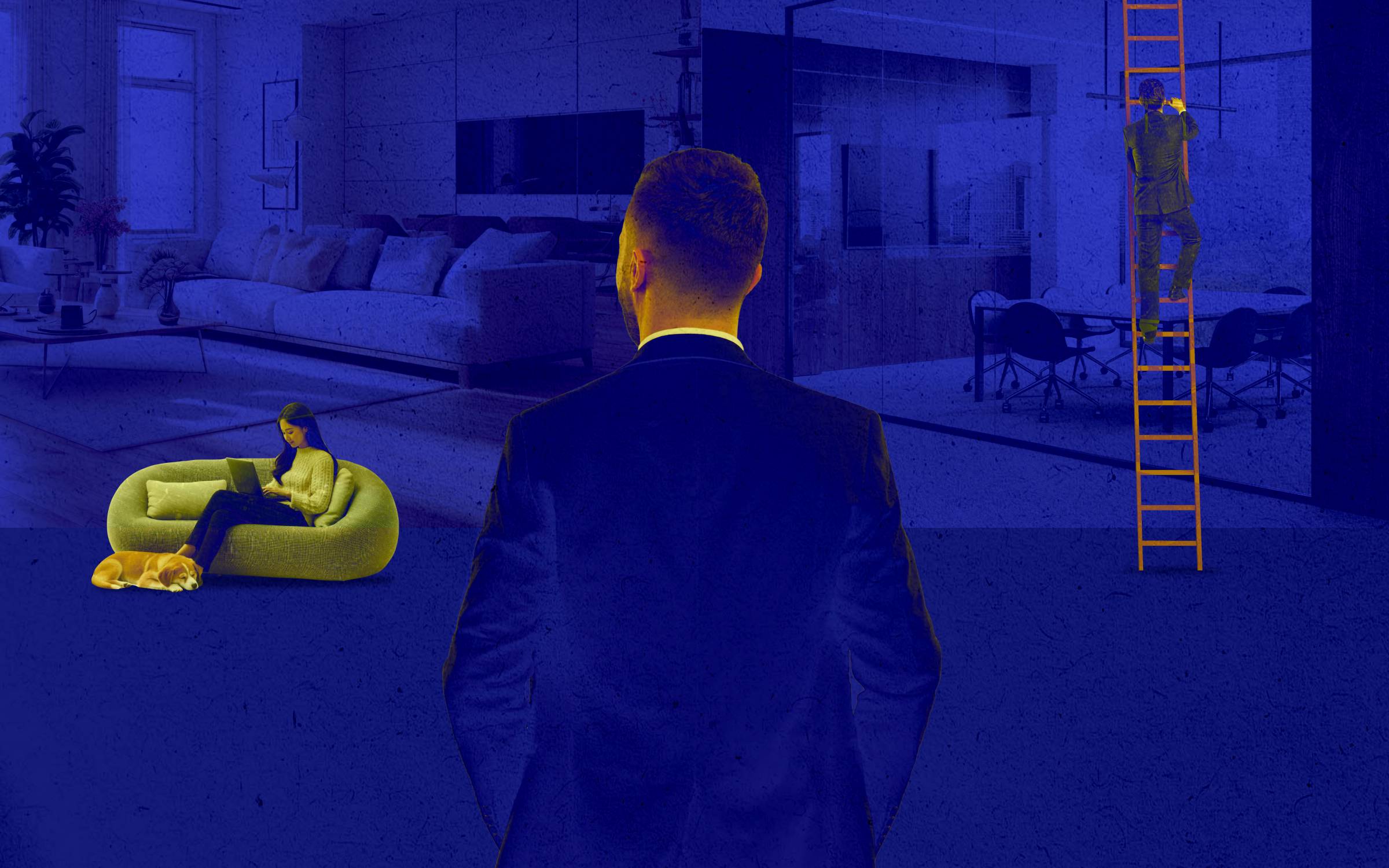 A suited professional stands in a blended office and home environment, while another person works on a laptop beside a dog and a third climbs a yellow ladder. The image shows work-life balance vs corporate ladder through themes of domestic comfort, professional ambition, and the tension between personal life and career advancement.