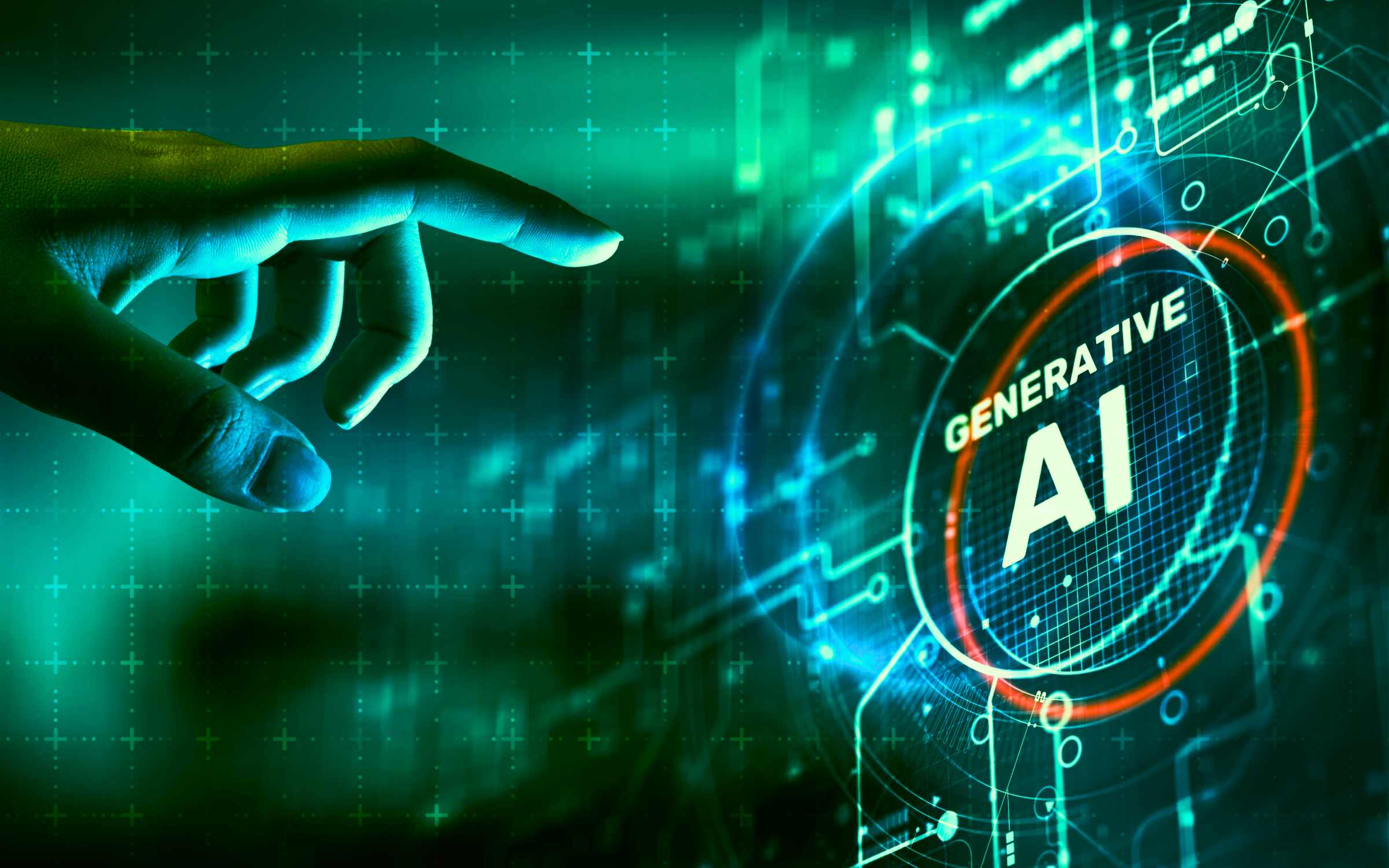 A human hand reaches toward a glowing digital interface with circuit-like patterns and the text “GENERATIVE AI” at the center. The image shows AI artificial intelligence through human interaction with advanced generative technology.