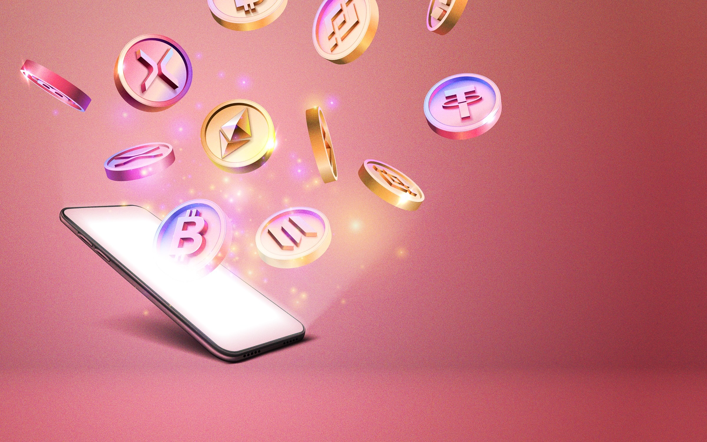 A smartphone with a glowing screen emits floating cryptocurrency coins, including Bitcoin, Ethereum, XRP, Tether and Solana, against a pink gradient background, illustrating digital asset activity, crypto liquidity and blockchain market movement.