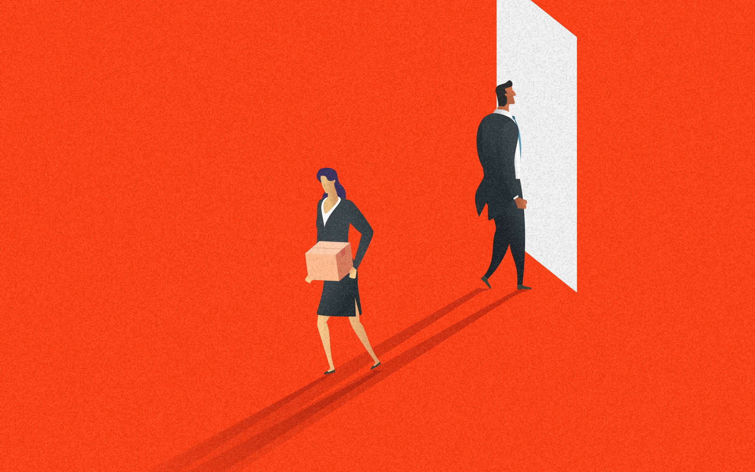 Two business figures move in opposite directions against a vivid red background—one carrying a box as they depart, the other walking toward a doorway of opportunity. The image shows c-suite executive turnover through themes of leadership transition, exits and entries, and the shifting dynamics of organizatio