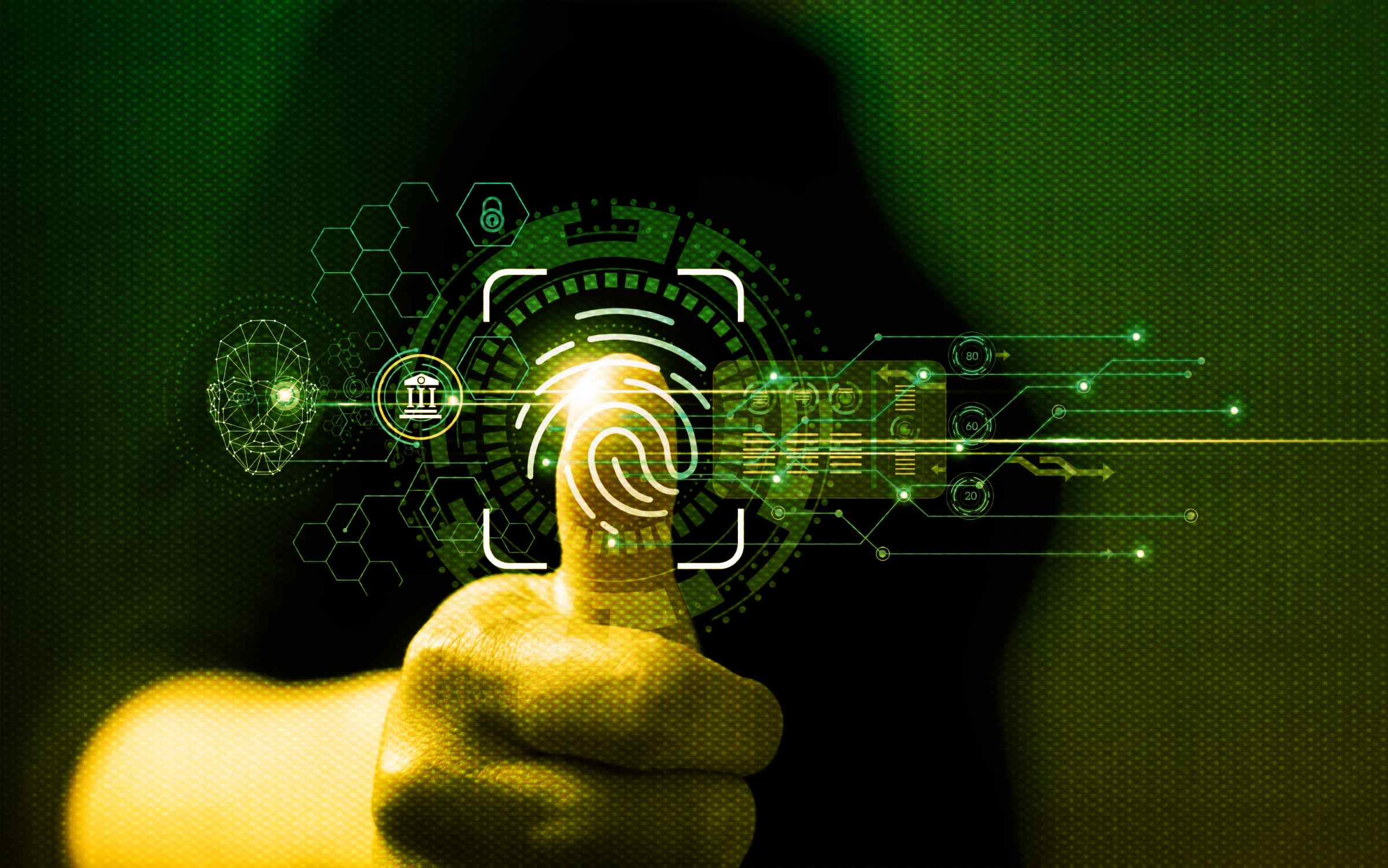 Digital cybersecurity illustration showing a fingerprint scan, biometric authentication interface, and encrypted data streams representing Zero Trust security, identity protection, and cyber resilience.